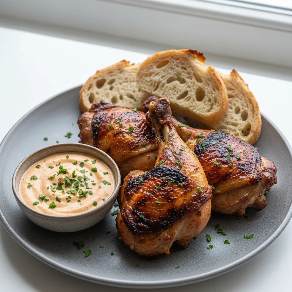 Food photography, Mild variation plate: oven-roasted bone-in thighs with deep color, small bowl of creamy piri-piri yogu