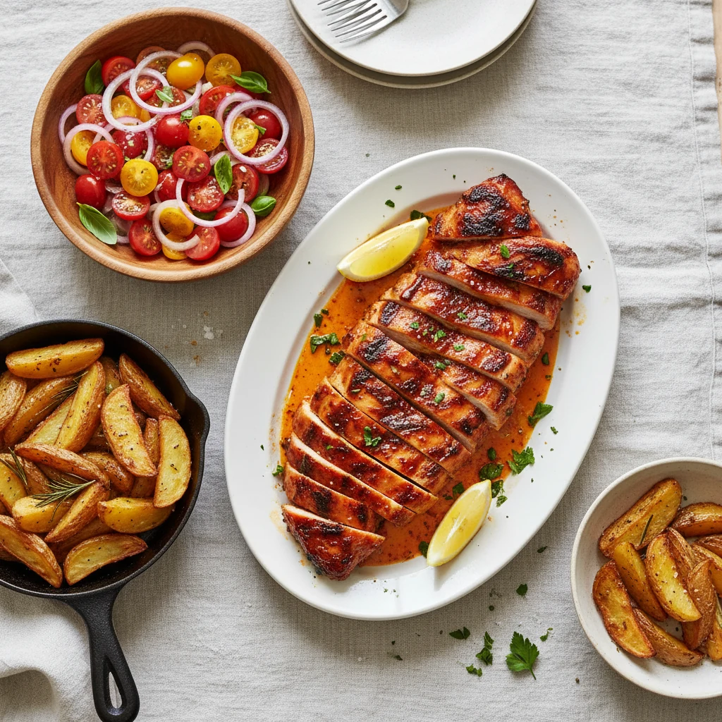 Food photography, Weeknight serving: overhead of sliced piri-piri chicken with a simple tomato-onion salad and roasted p