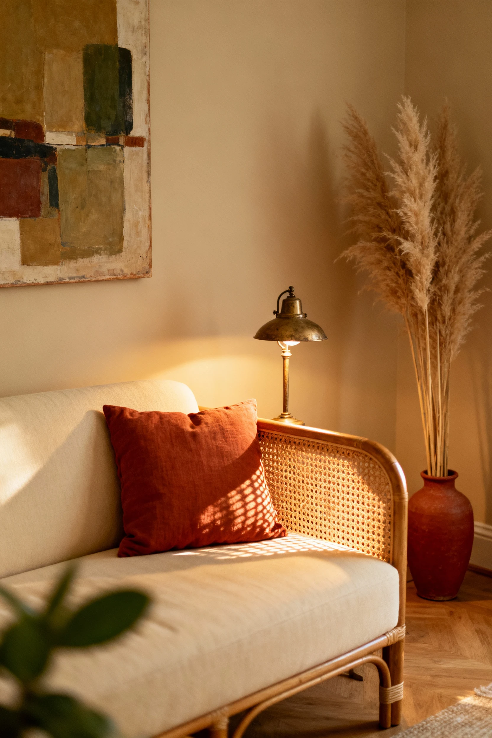 Medium corner shot, photorealistic: a cream sofa with soft terracotta accents, warm table lamp glow on woven cane textur