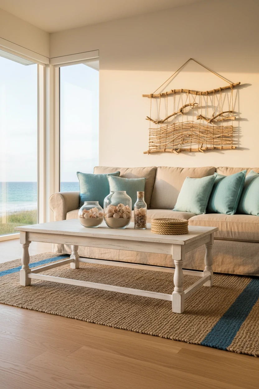 Wide-angle view of a coastal chic living room featuring soft blue throw pillows on a beige sofa, a whitewashed coffee ta