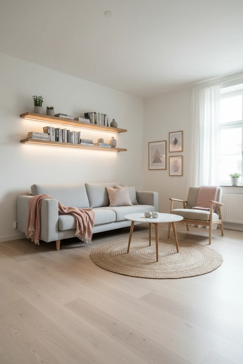 Wide-angle shot of a Scandinavian-style small apartment living room with crisp white walls, pale wood floors, and clean-