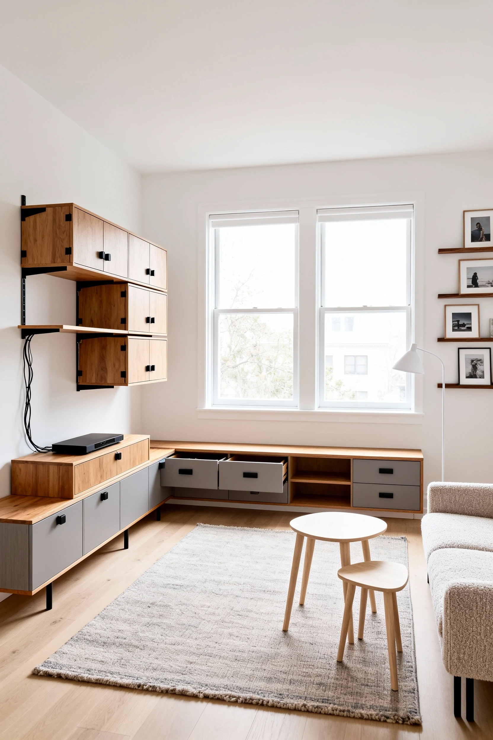 Wide, straight-on photorealistic shot of a Scandinavian studio living room in warm white, oiled oak, and soft gray with 