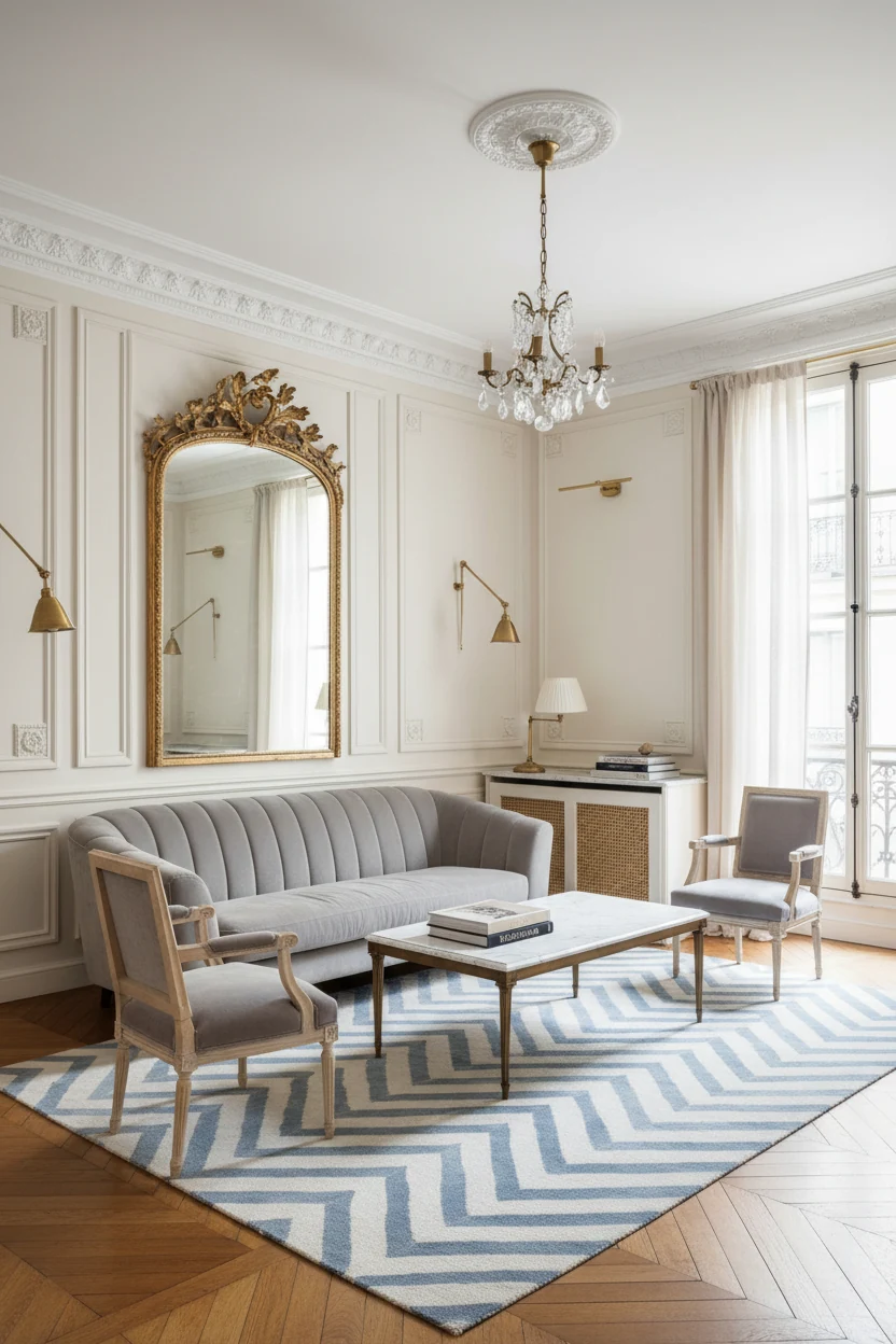 1. Photorealistic wide corner shot of a Parisian salon–style prewar living room: herringbone wood floors, velvety ivory 