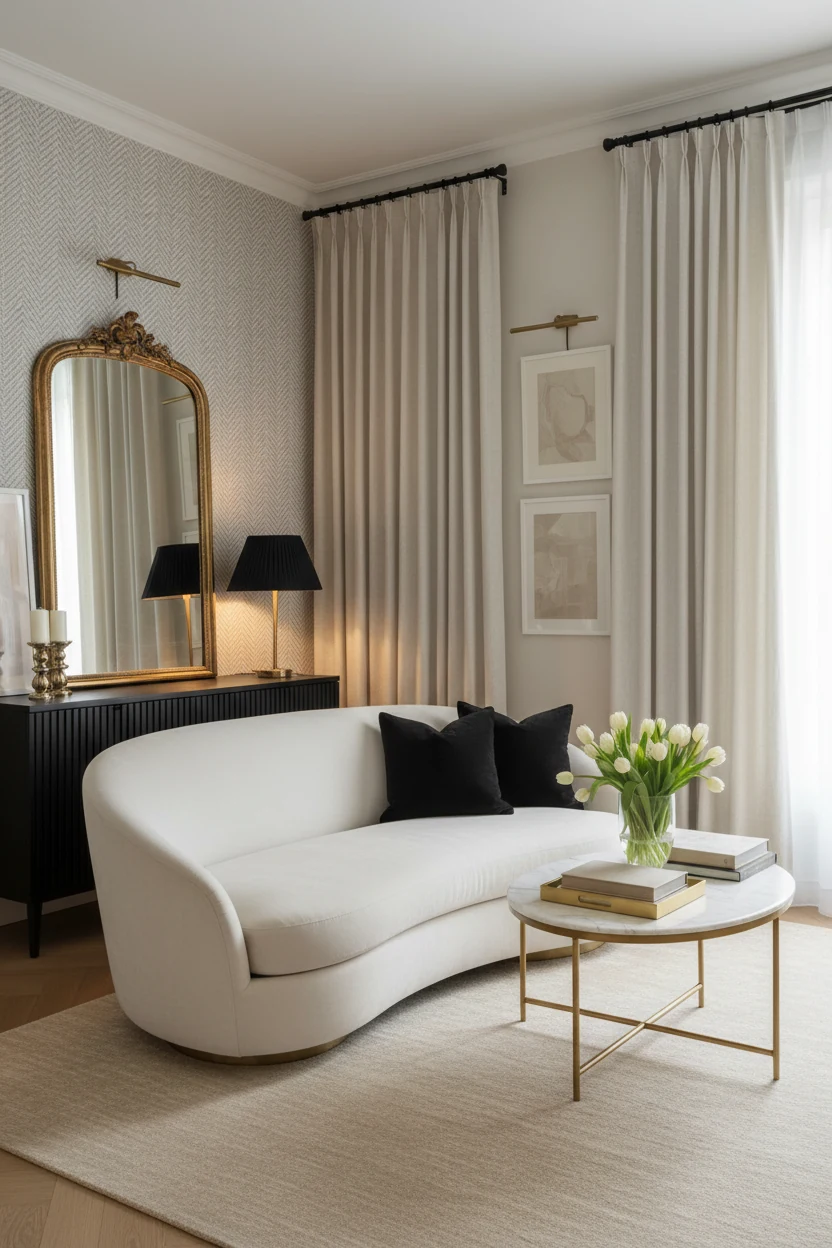 Photorealistic wide corner-angle shot of a Parisian neutrals living room in ivory, soft greige, black, and antique gold: