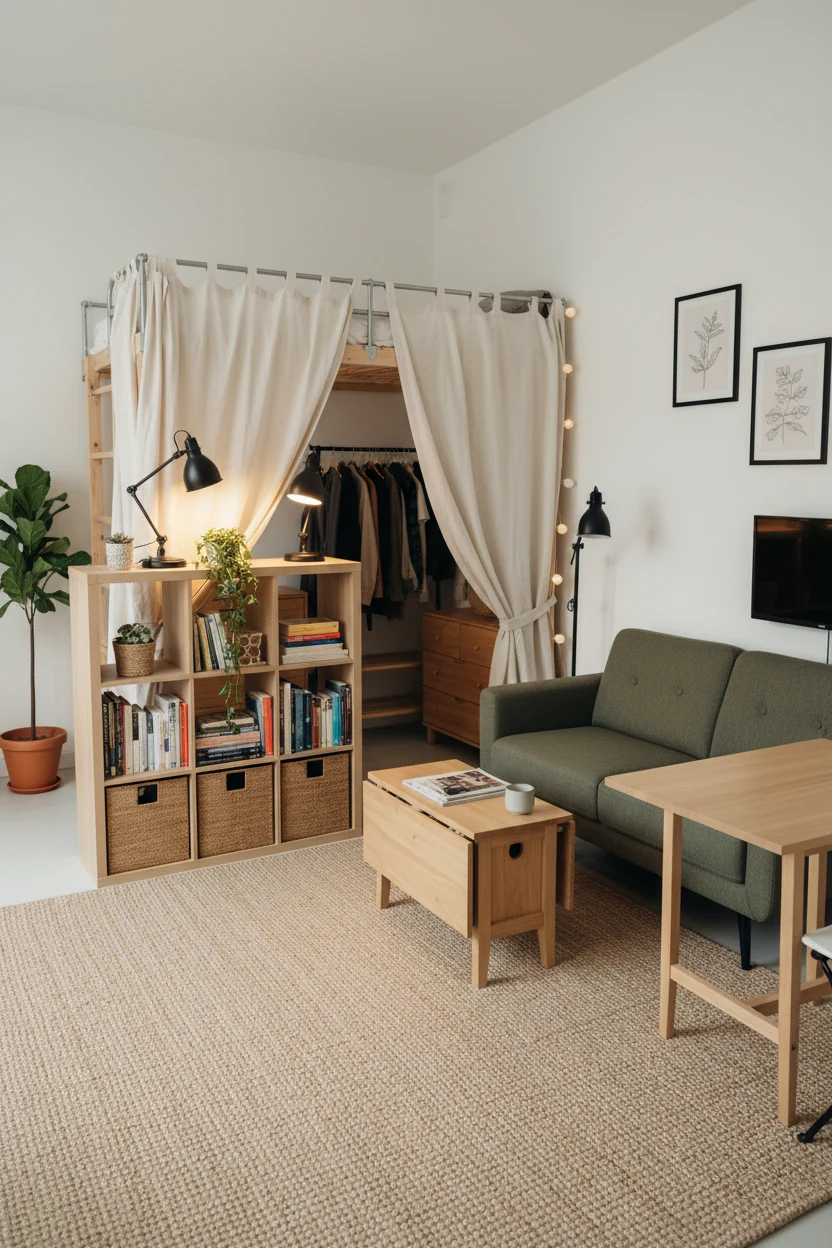 Photorealistic wide corner-angle view of a zoned micro-loft studio with soft white walls and a sand-colored area rug; a 