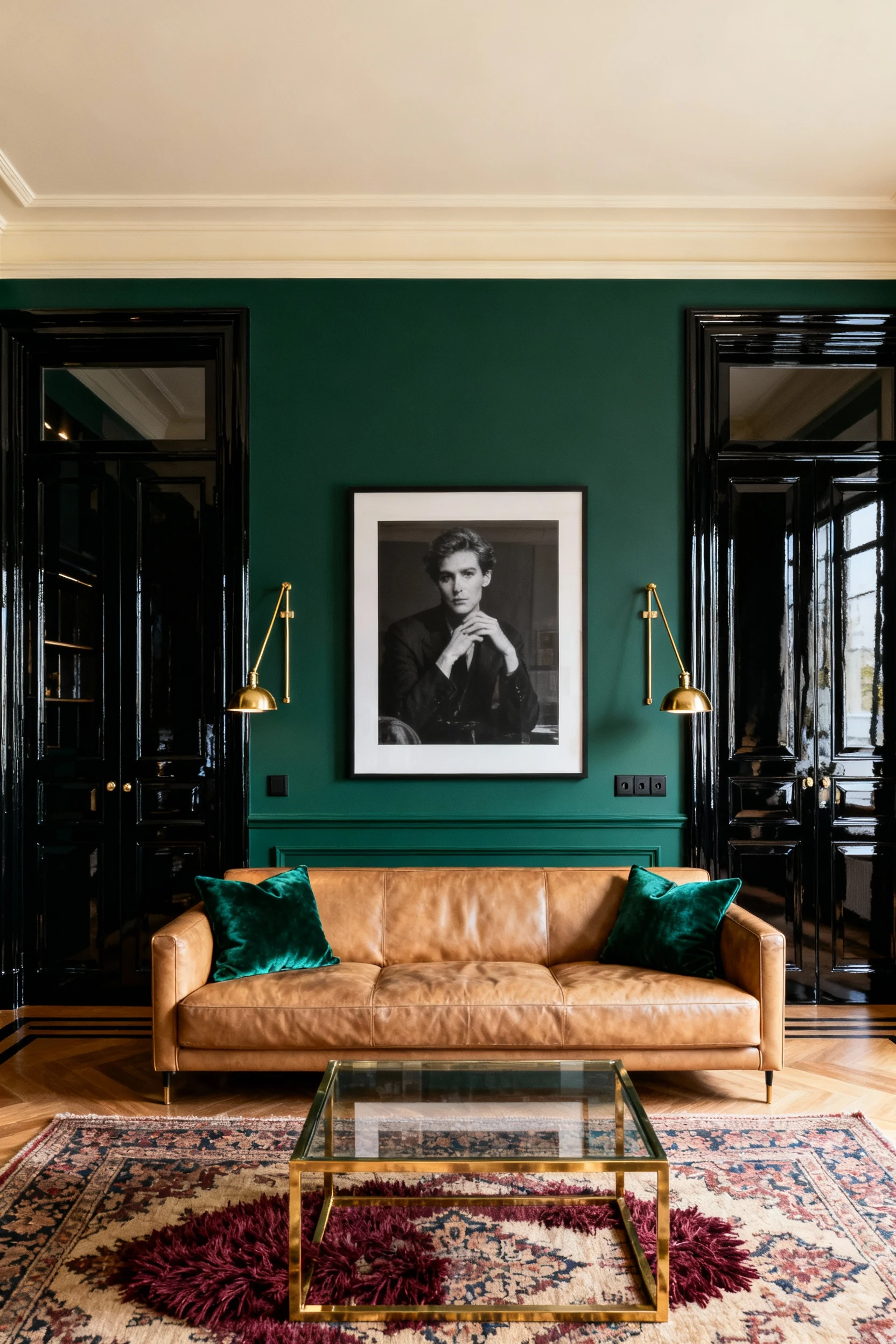 Straight-on wide shot of an emerald night glam living room: velvety deep emerald accent wall with color-drenched applied