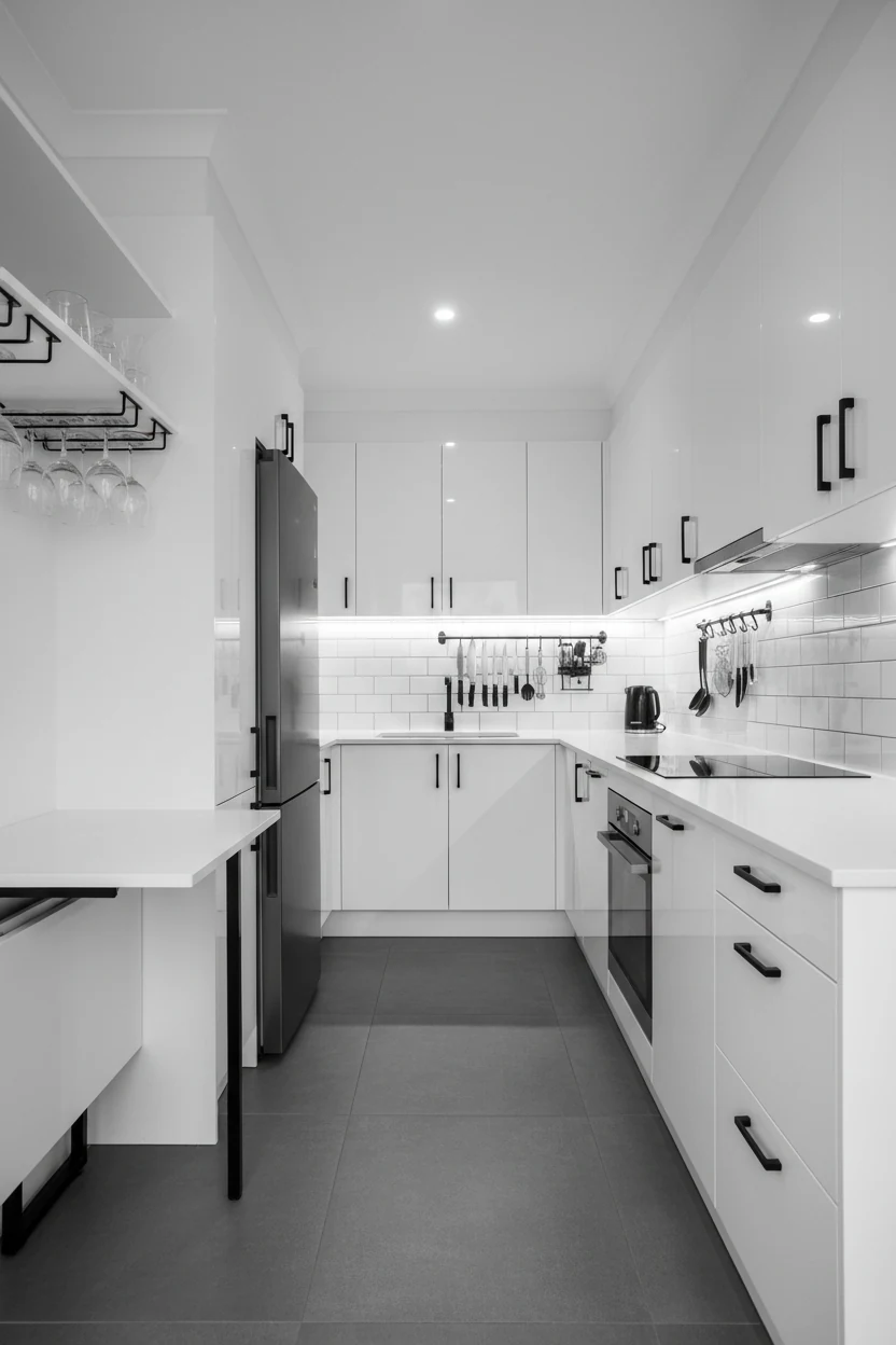 Photorealistic wide straight-on galley kitchen: glossy white slab cabinets with matte black hardware, white subway tile 