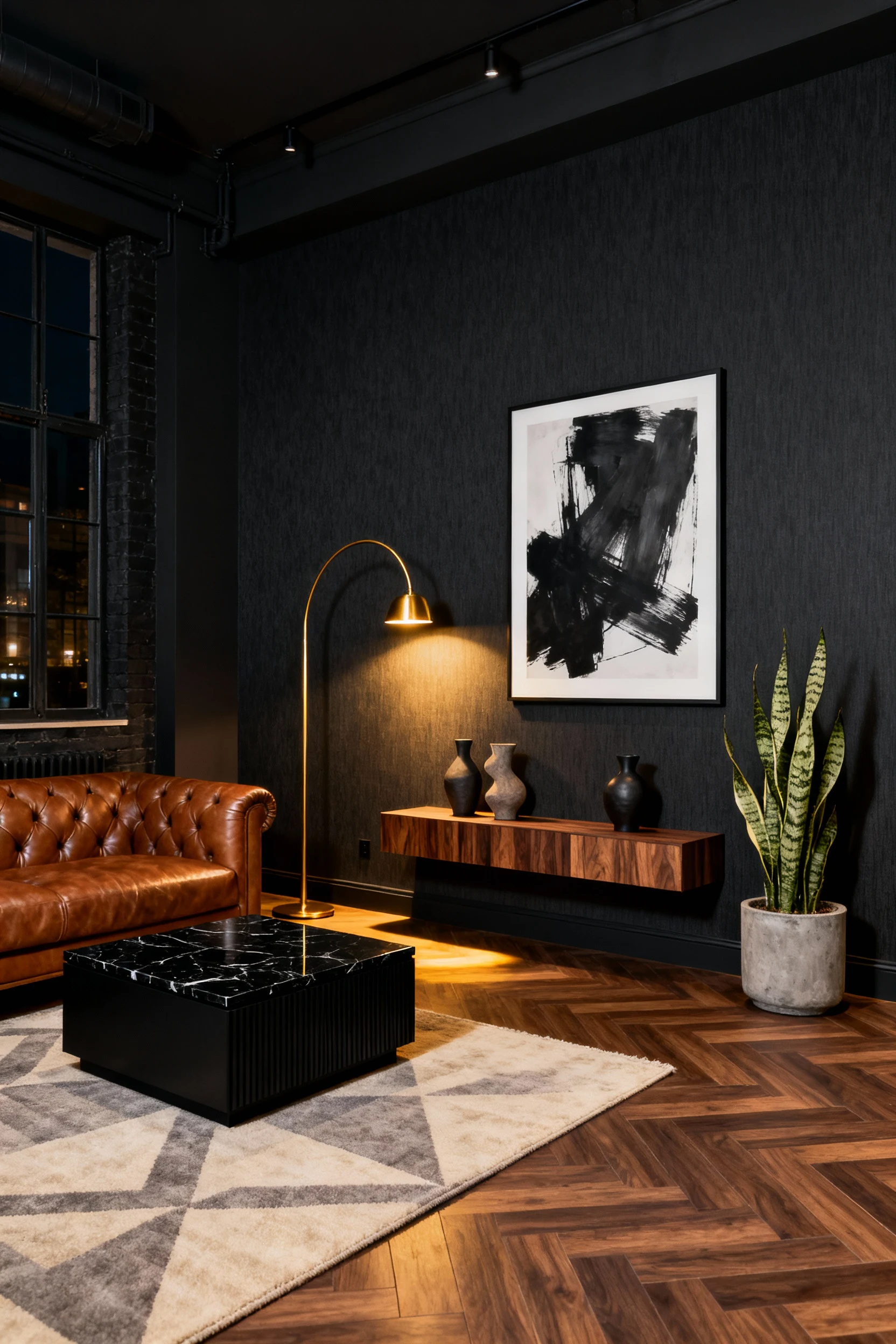 Photorealistic wide corner-angle night shot of a Modern Moody Charcoal Loft living room: charcoal grasscloth peel-and-st