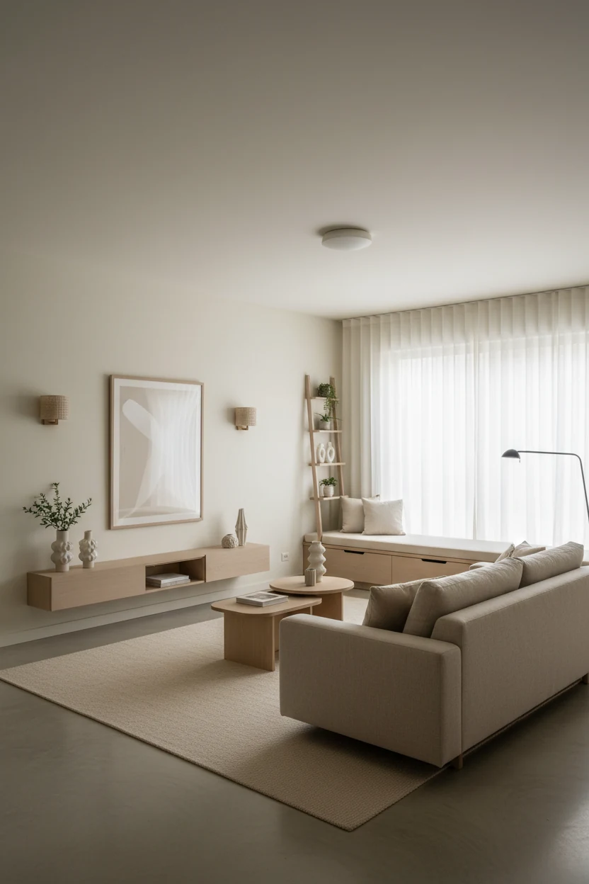 1. Photorealistic wide corner-angle shot of an airy minimalist living room: warm white walls, low-profile linen sofa flo