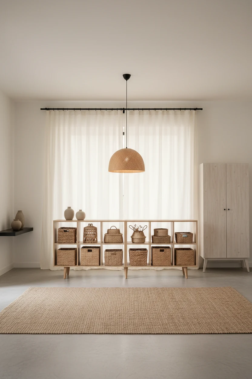 Photorealistic wide, straight-on studio shot of a Japandi space: a KALLAX unit turned sideways on tapered legs as a low 