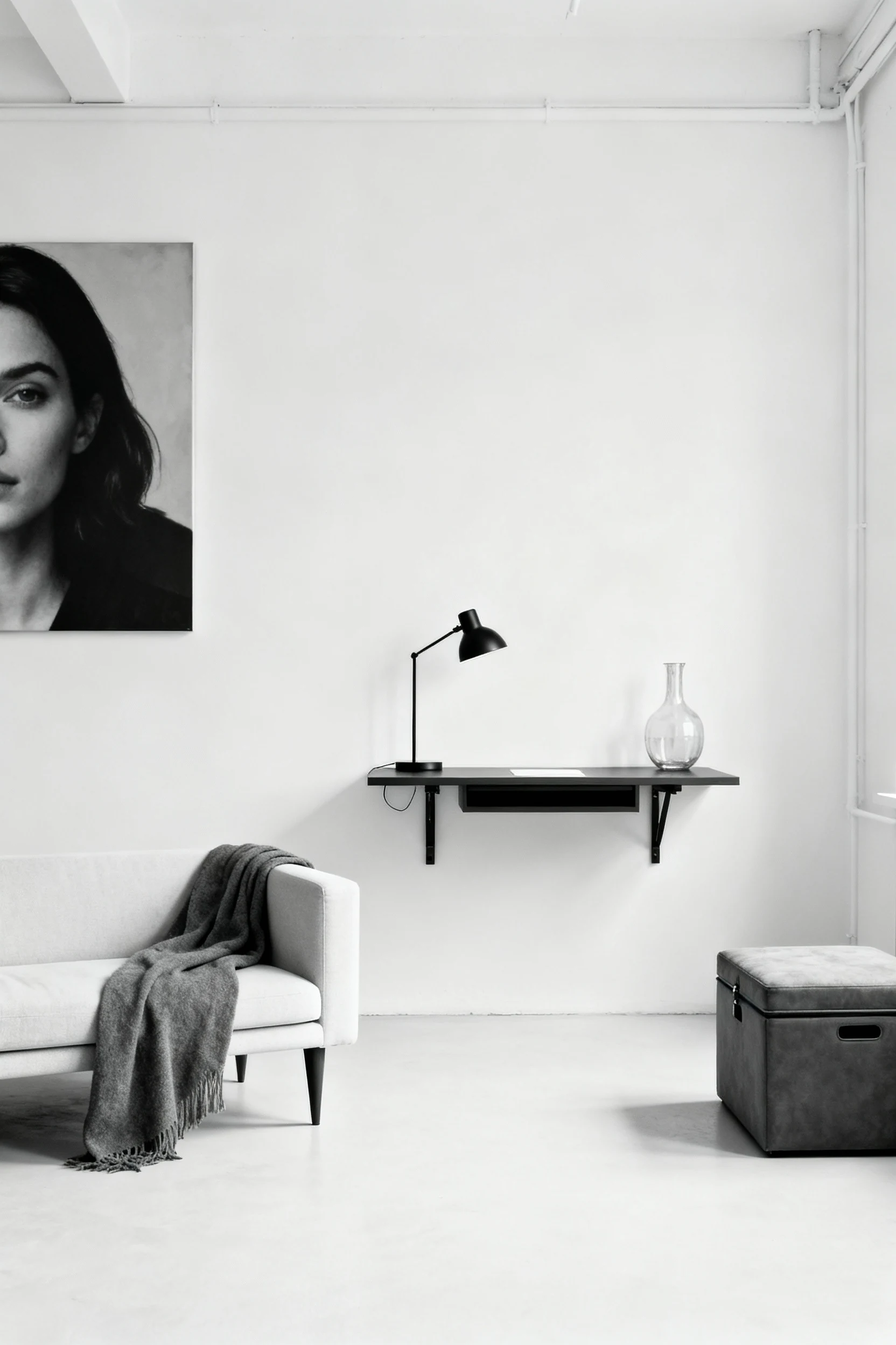 1. Wide straight-on photorealistic shot of a minimalist monochrome studio: white-and-charcoal palette, slim sofa on tape