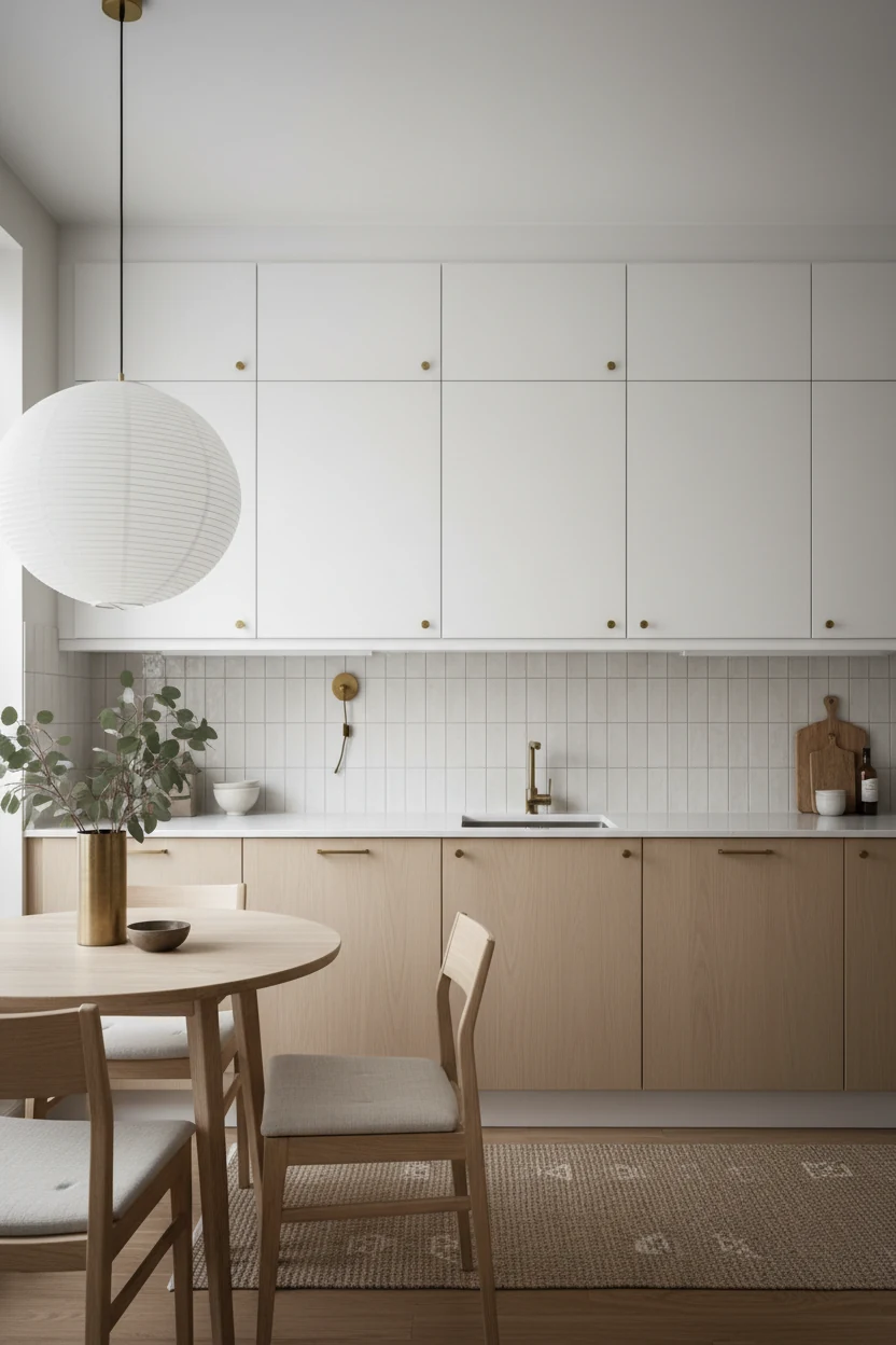 Photorealistic wide straight-on shot of a Scandinavian apartment kitchen nook: matte-white uppers over pale natural oak 