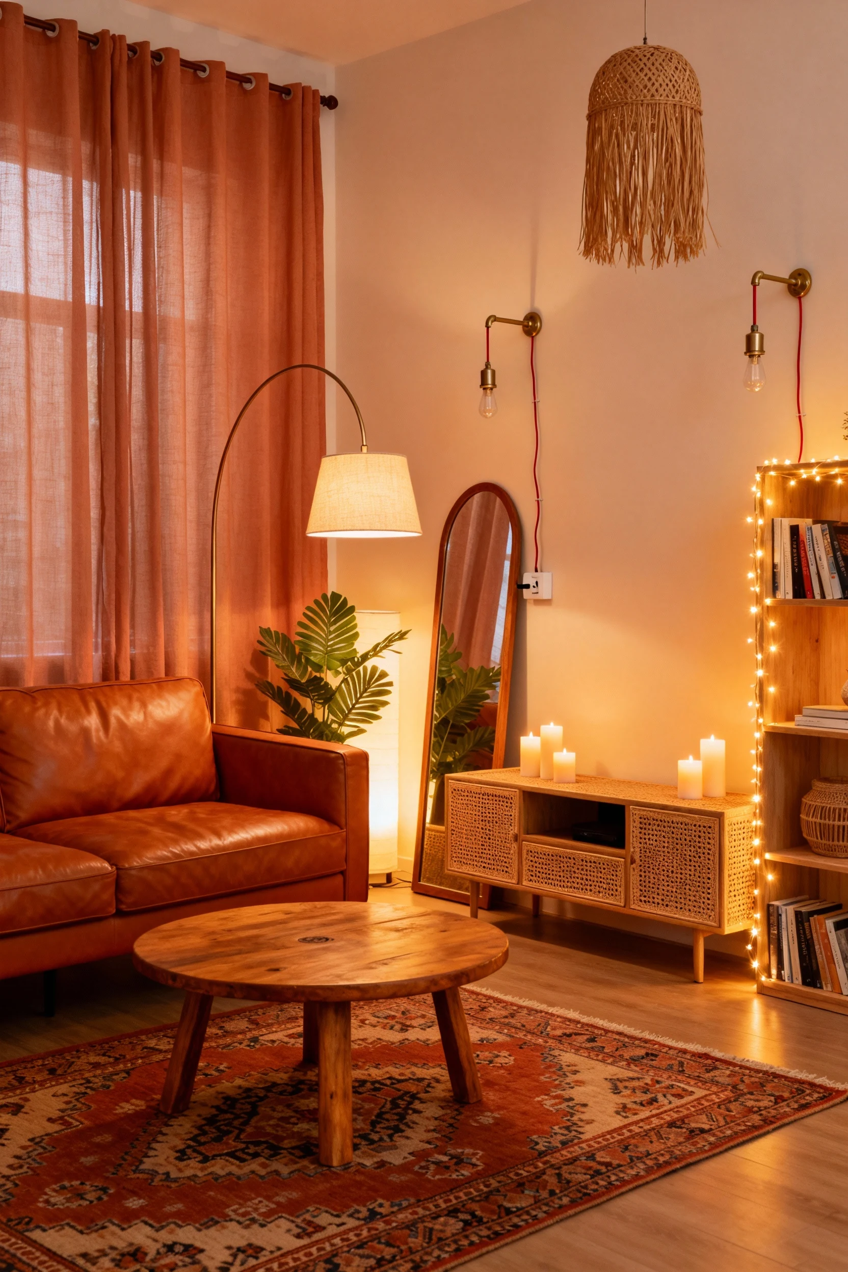 1. Wide, straight-on shot of a terracotta boho living room: caramel leather sofa on a vintage kilim rug, round mango woo