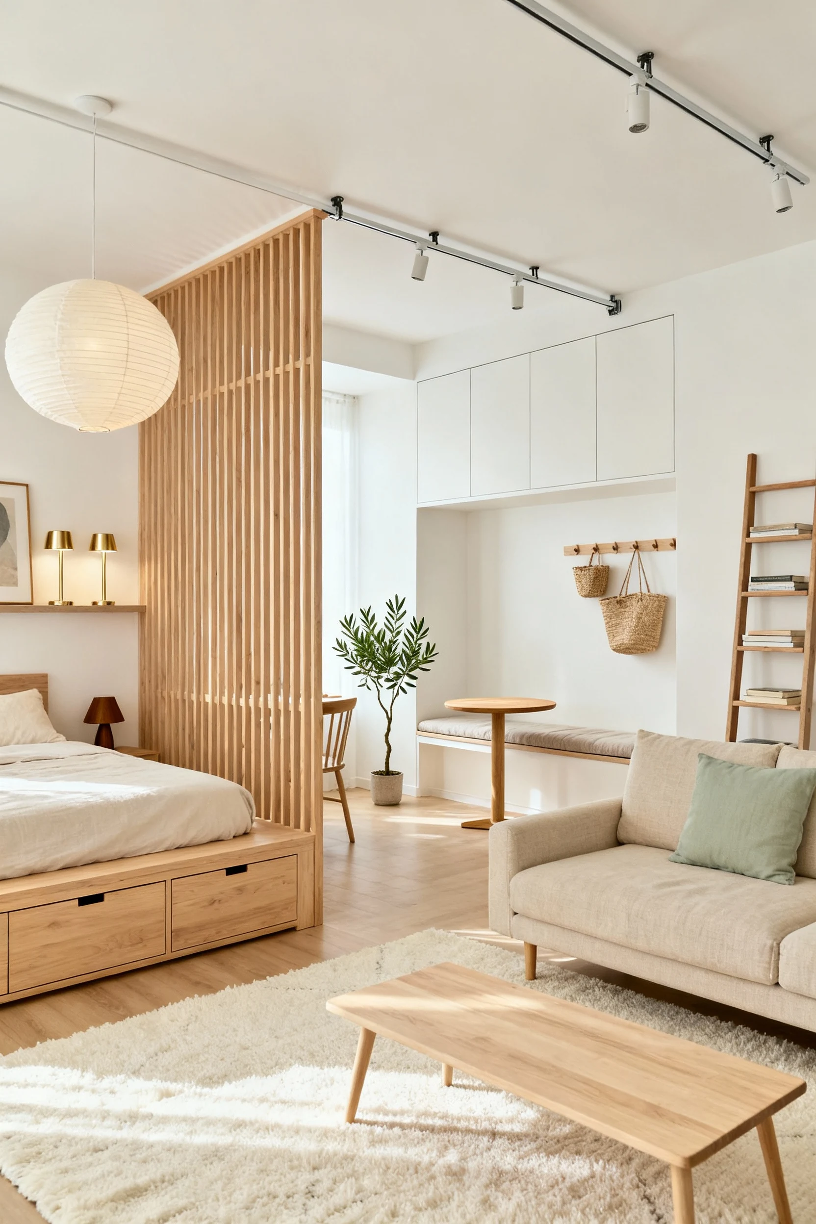 Wide corner-angle room shot of a Nordic light loft studio: chalky white walls, pale oak platform bed with deep drawers a