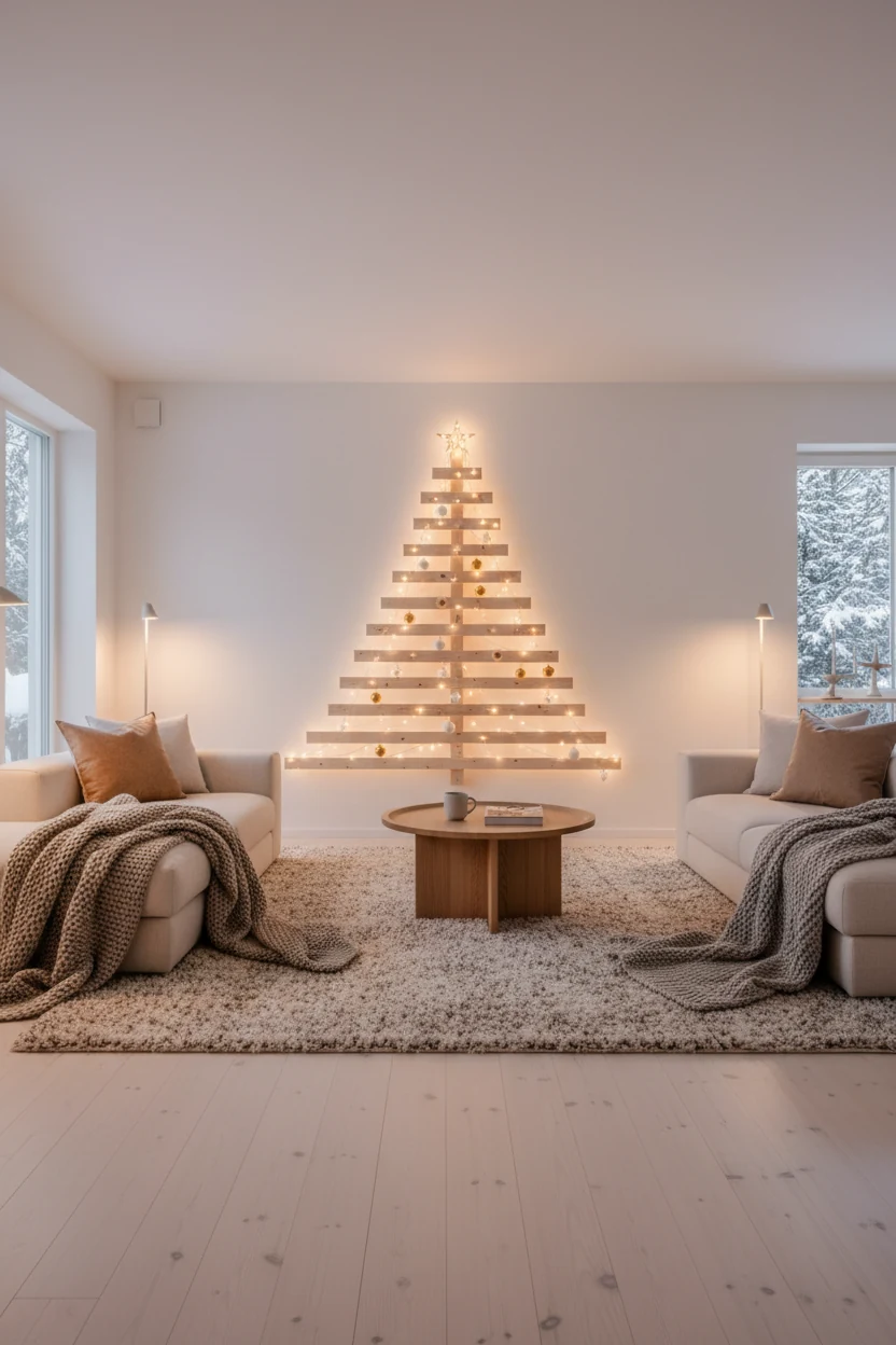 Wide shot of a Scandi-minimalist living room with crisp white walls, a wall-mounted wooden Christmas tree made from ligh
