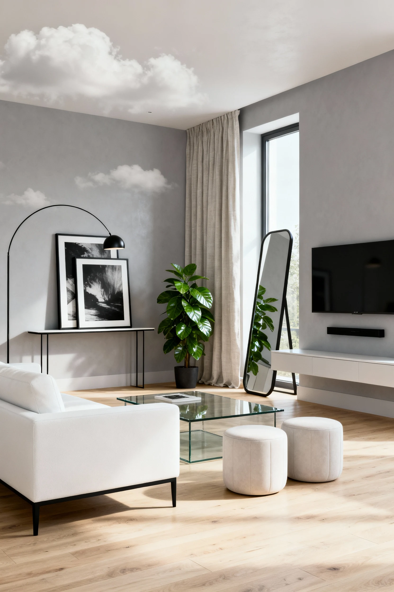 1. Wide corner-angle shot, photorealistic, no people: cloud-gray walls, pale oak floors, low-profile white sofa on slim 