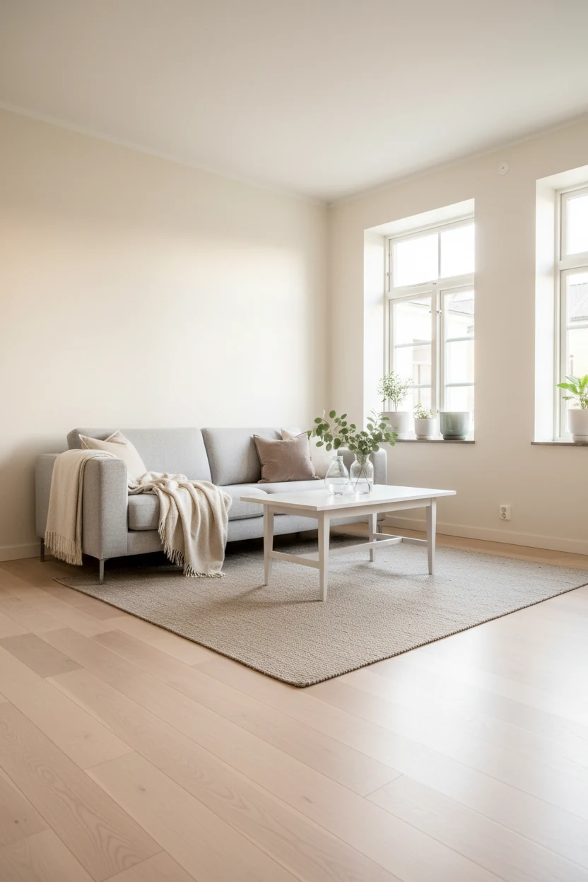 Wide angle photorealistic shot of a small Scandinavian-inspired living room with warm off-white walls glowing in natural