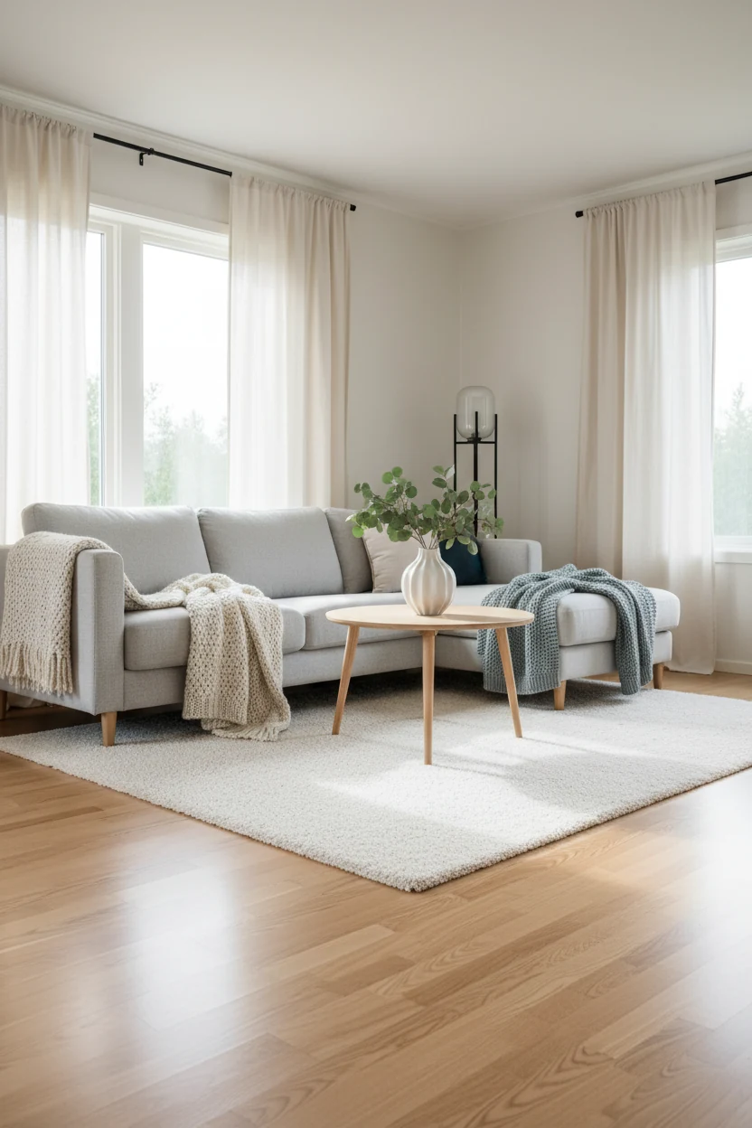 Wide-angle shot of a Scandinavian-style living room with warm white walls, pale oak wood floors gleaming in natural sunl