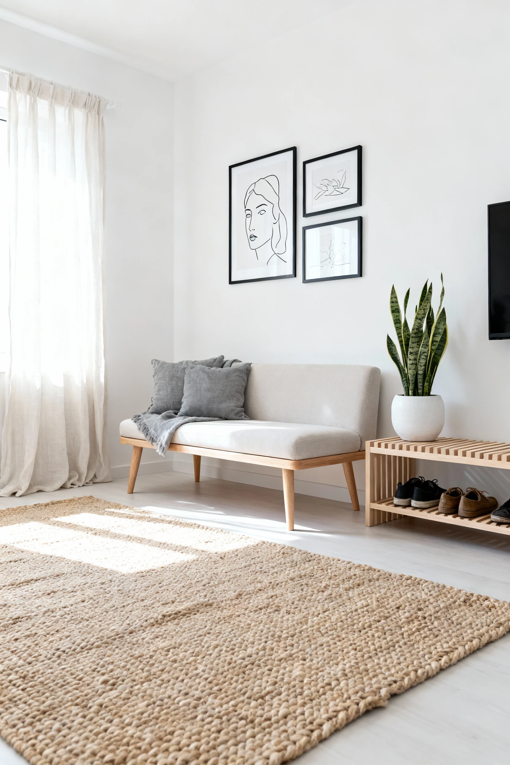 Photorealistic wide room shot, corner angle: crisp white walls with soft natural daylight, a slim light-wood sofa with t