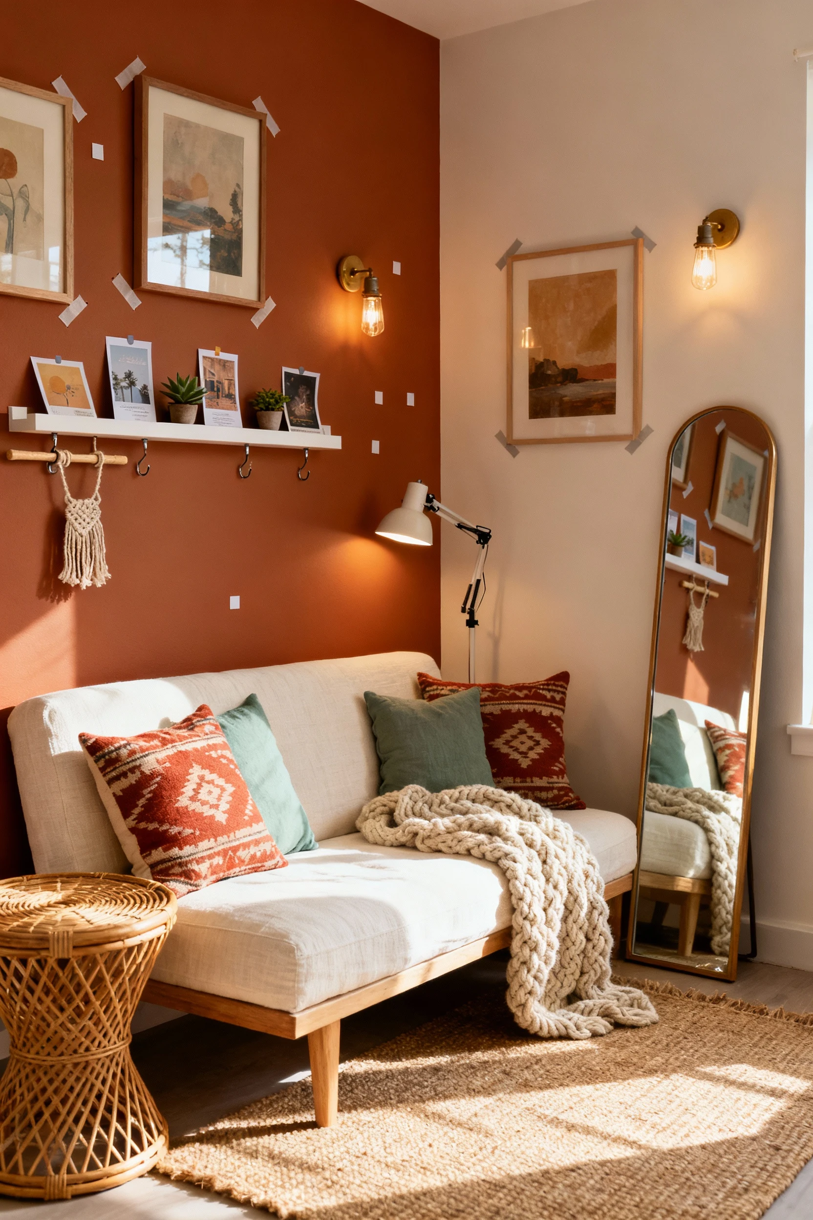 Photorealistic medium shot, corner angle of a sunlit boho gallery nook: warm ivory low-profile linen loveseat with sage