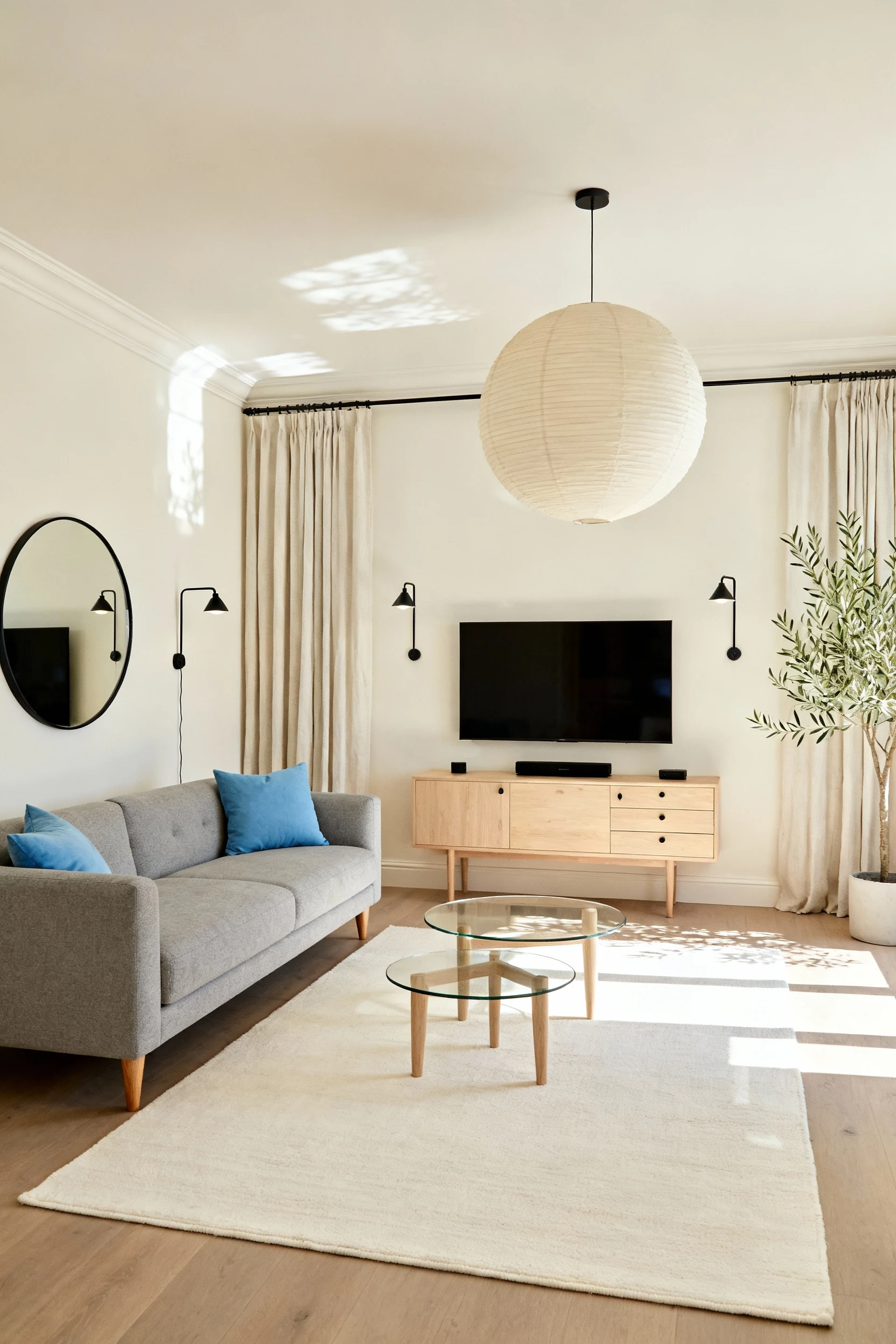 Photorealistic wide, straight-on shot of an airy Scandinavian small living room with creamy eggshell warm-white walls an