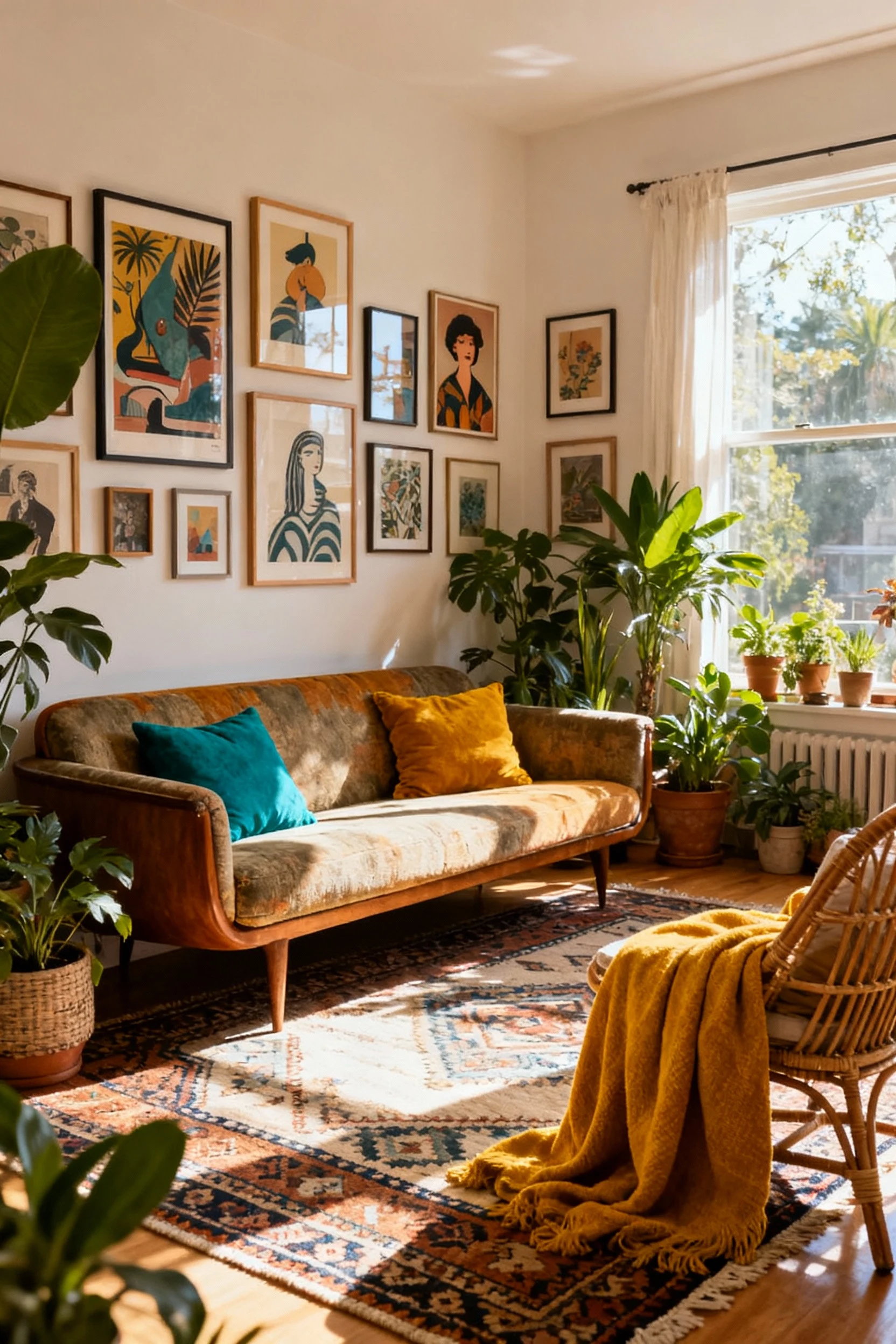 Wide-angle shot of a modern bohemian living room bathed in sunlight, featuring a vintage mid-century couch in earth tone