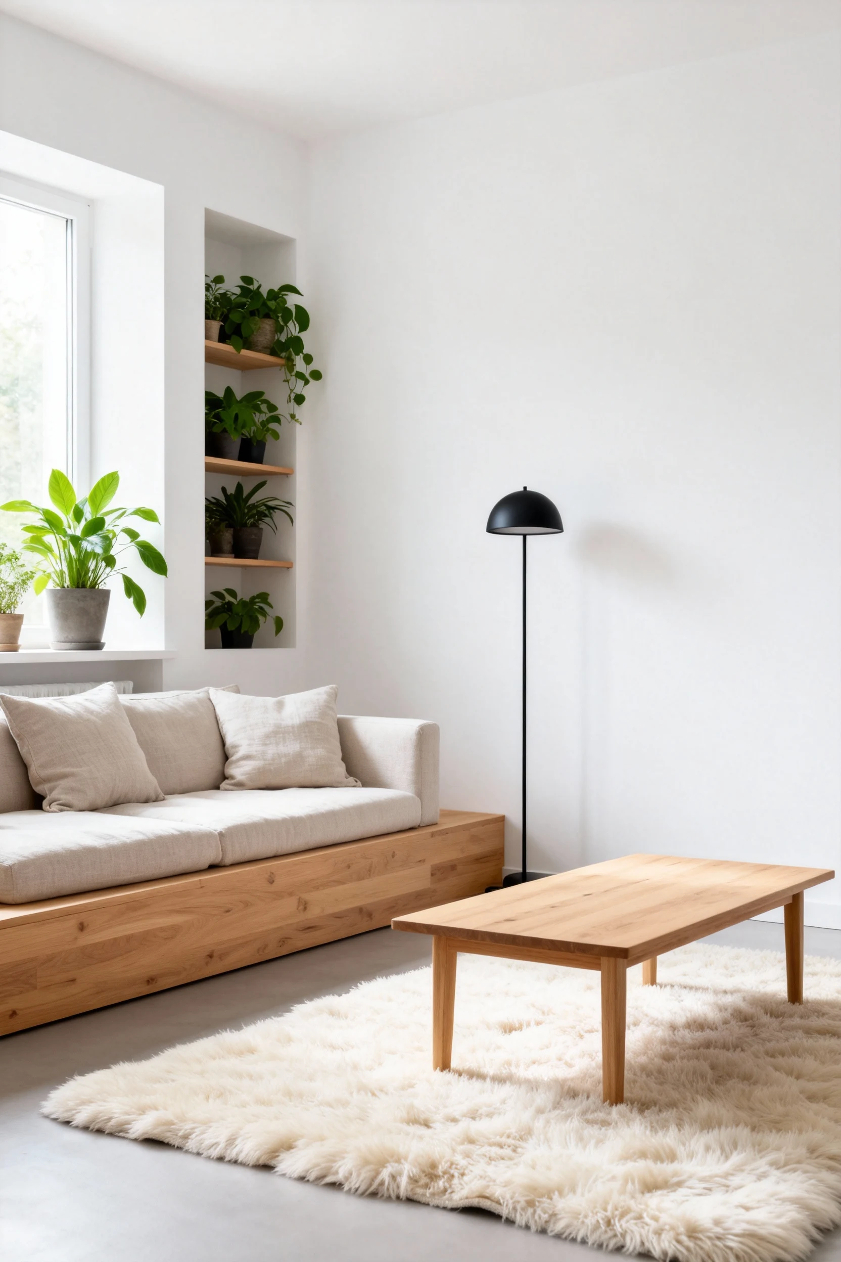 Wide-angle view of a Scandinavian-inspired minimalist living room with white walls, light oak platform sofa featuring li