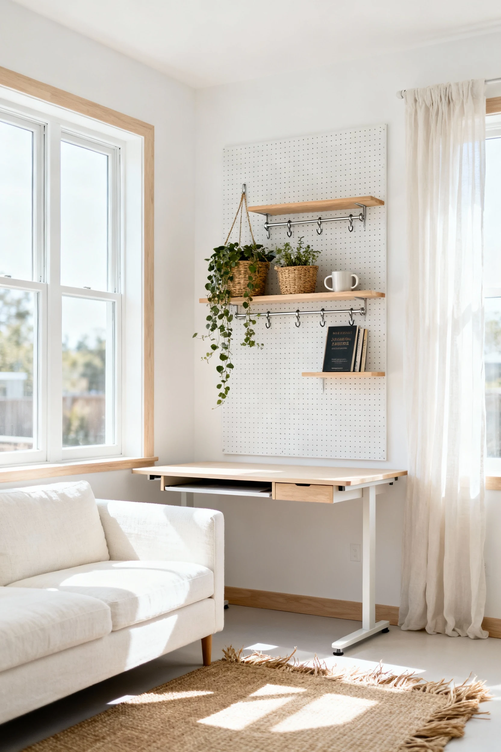 Photorealistic wide, straight-on room shot of a sunlit Scandinavian studio: crisp white walls, pale oak accents, soft li