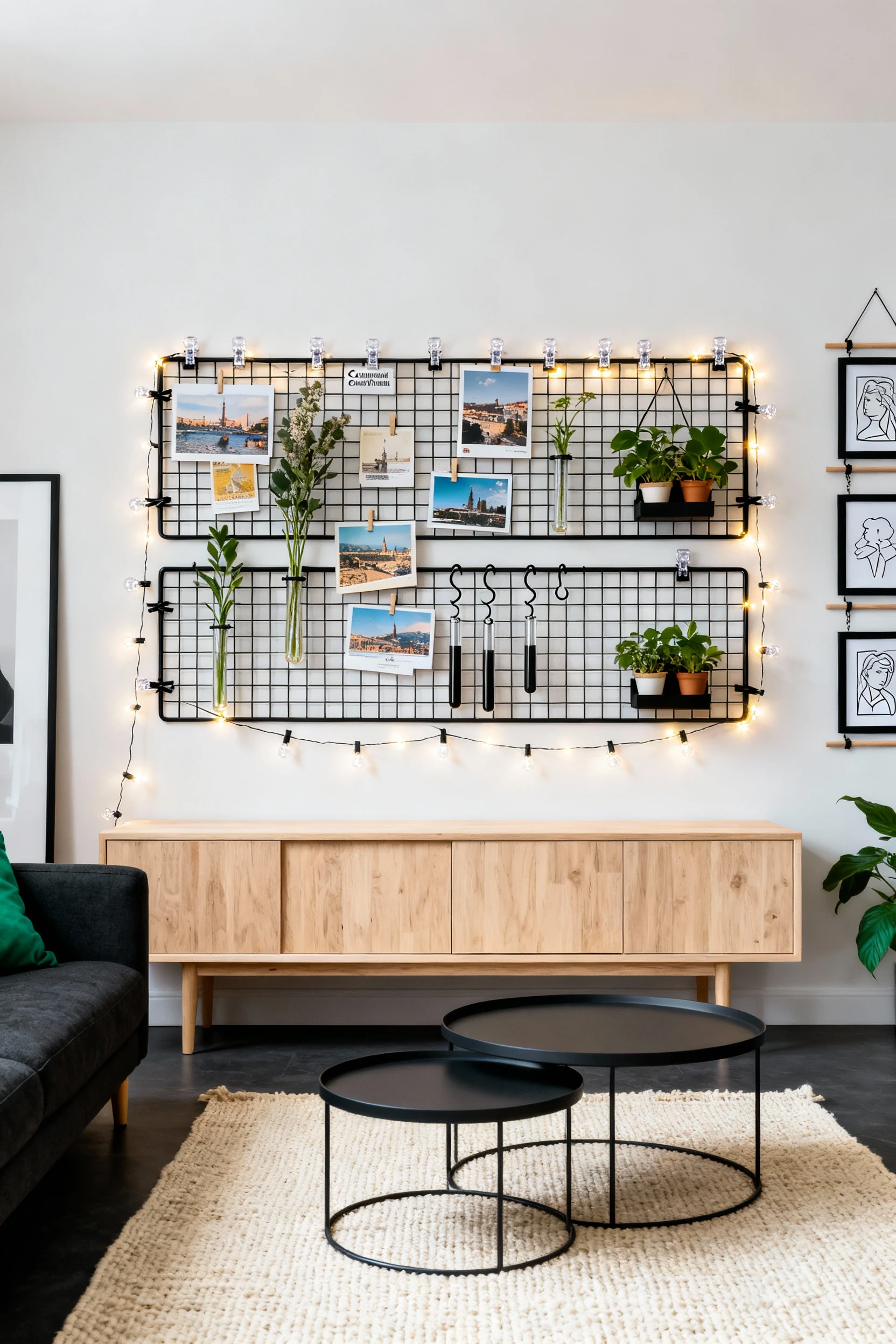Photorealistic wide, straight-on living room shot: matte-black wire grid panels zip-tied into one floating installation 