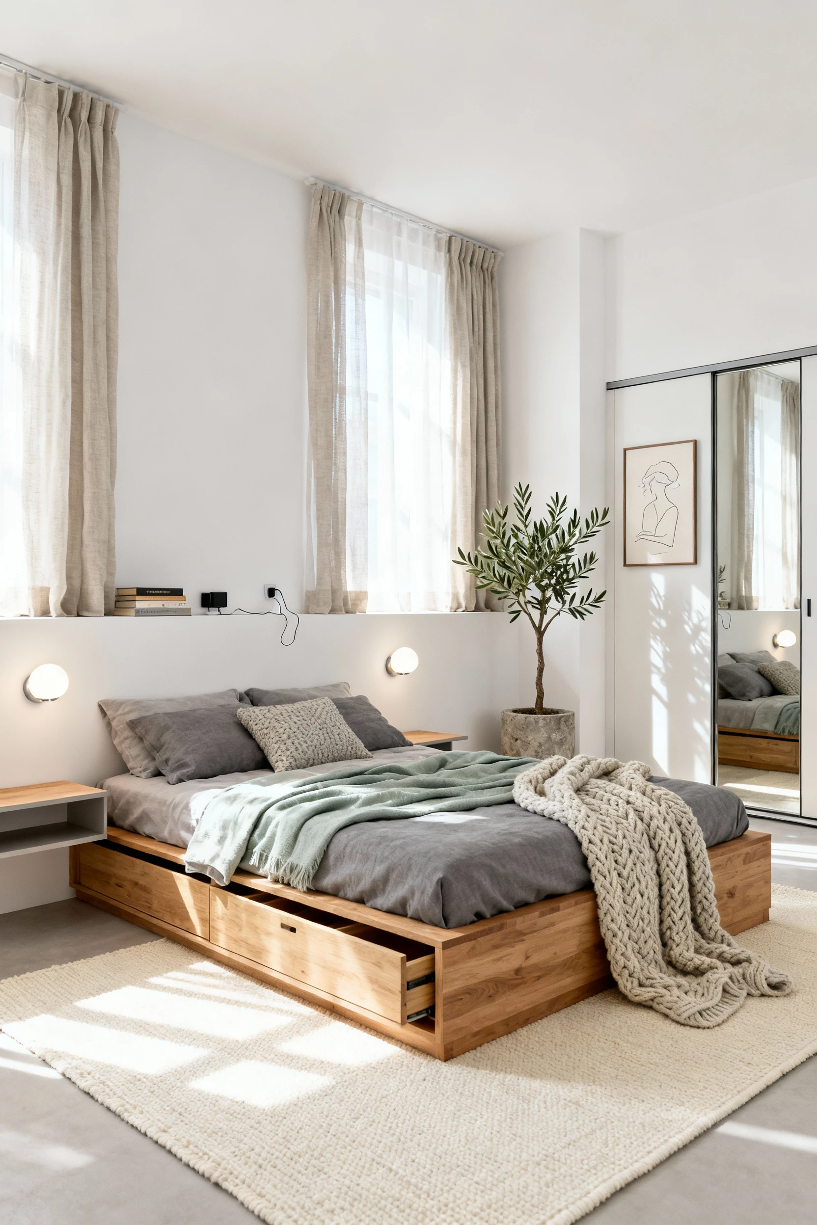 Photorealistic wide, straight-on view of a sunlit Scandinavian bedroom: a low natural-oak platform bed with deep drawer 