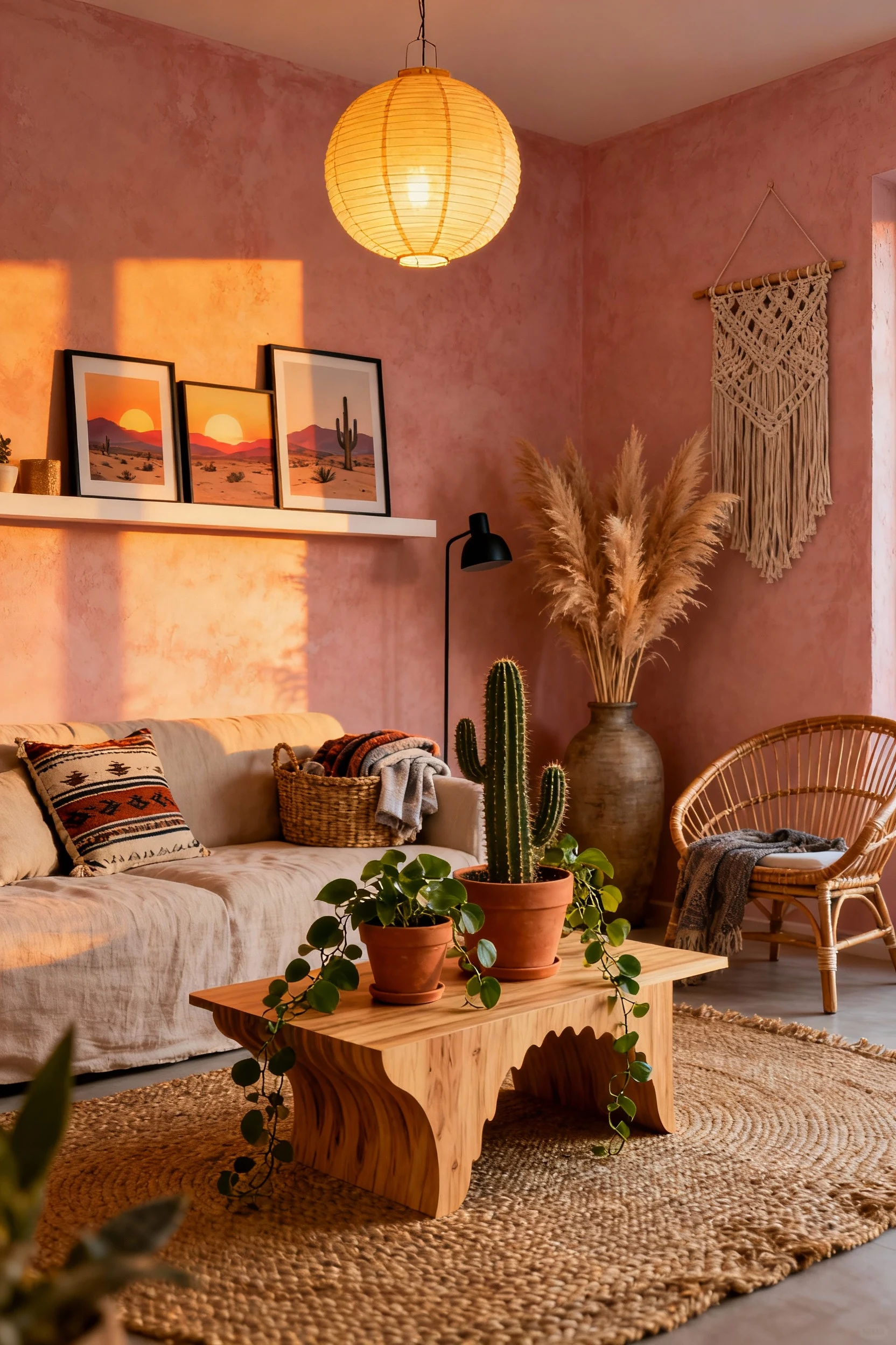 1. Wide corner-angle room shot of a boho Desert Sunset living room with clay pink limewashed walls glowing in golden-hou