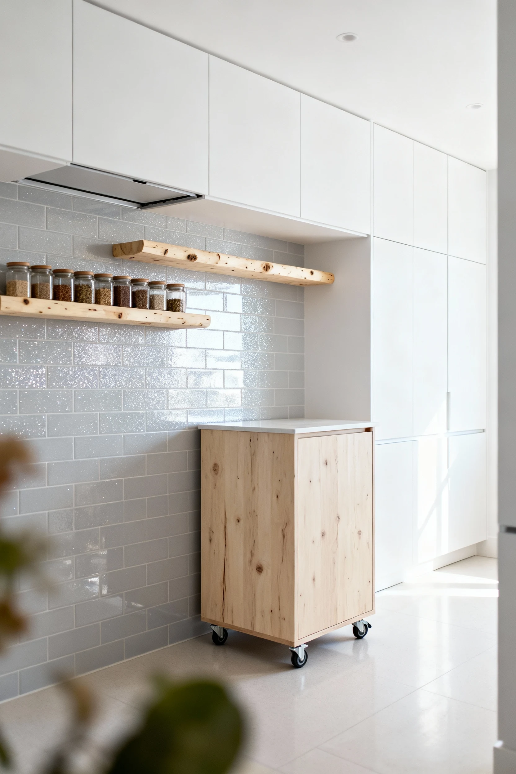 Photorealistic wide corner shot of a light-filled Scandinavian small kitchen: crisp white floor-to-ceiling cabinets with