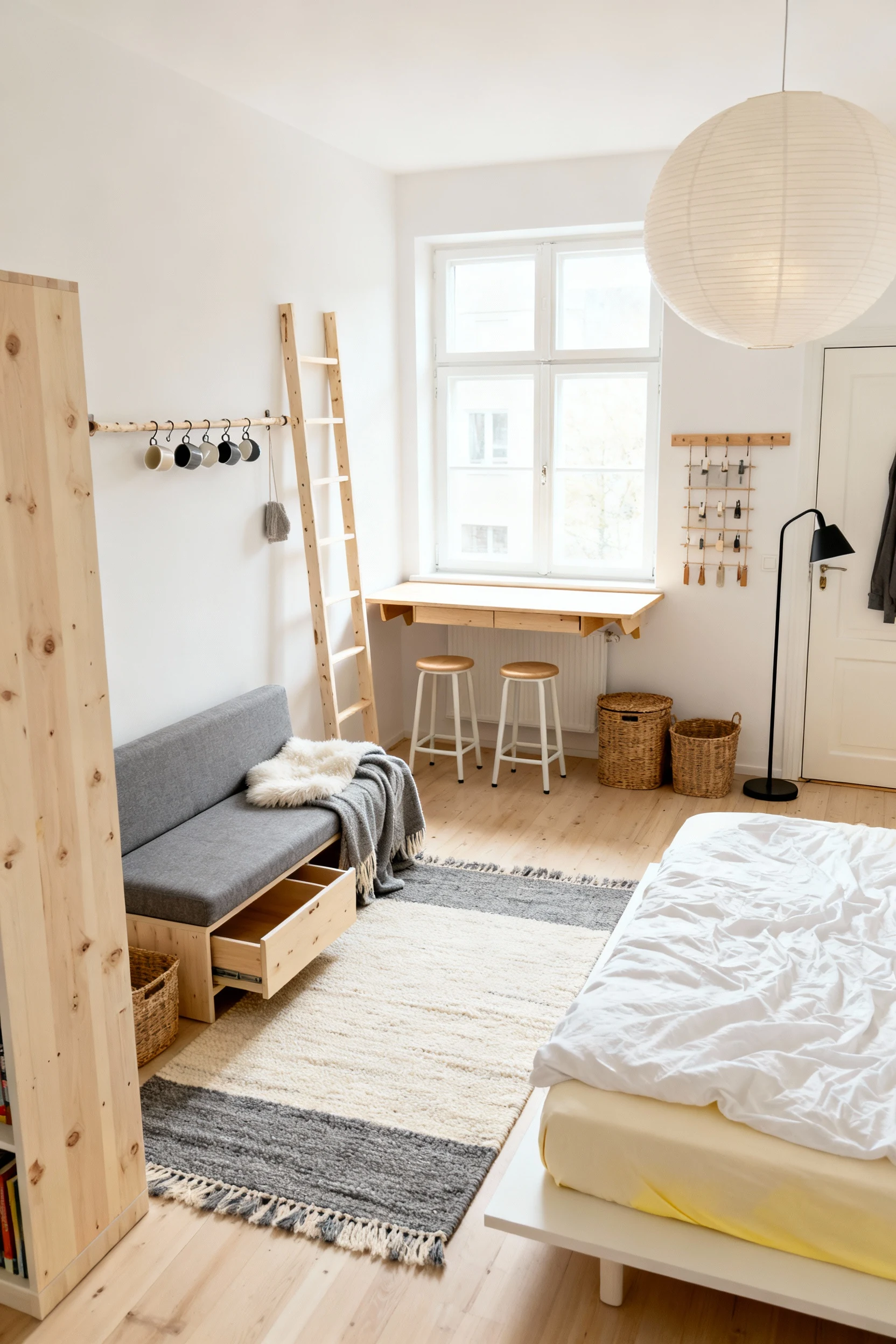 Wide corner-angle shot of a sunlit Scandinavian studio divided by a low cube bookshelf; a gray-and-cream two-tone flatwe