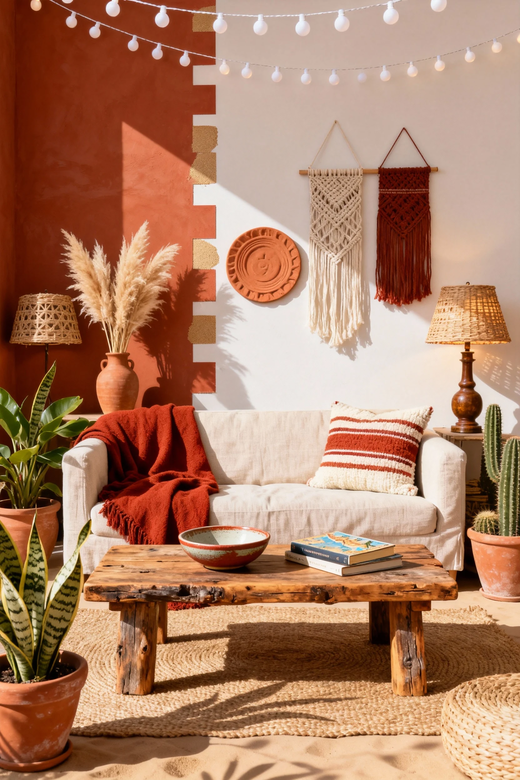 1. Wide, straight-on shot of a sun-soaked desert boho living room in terracotta, sand, rust, and cream: light beige line