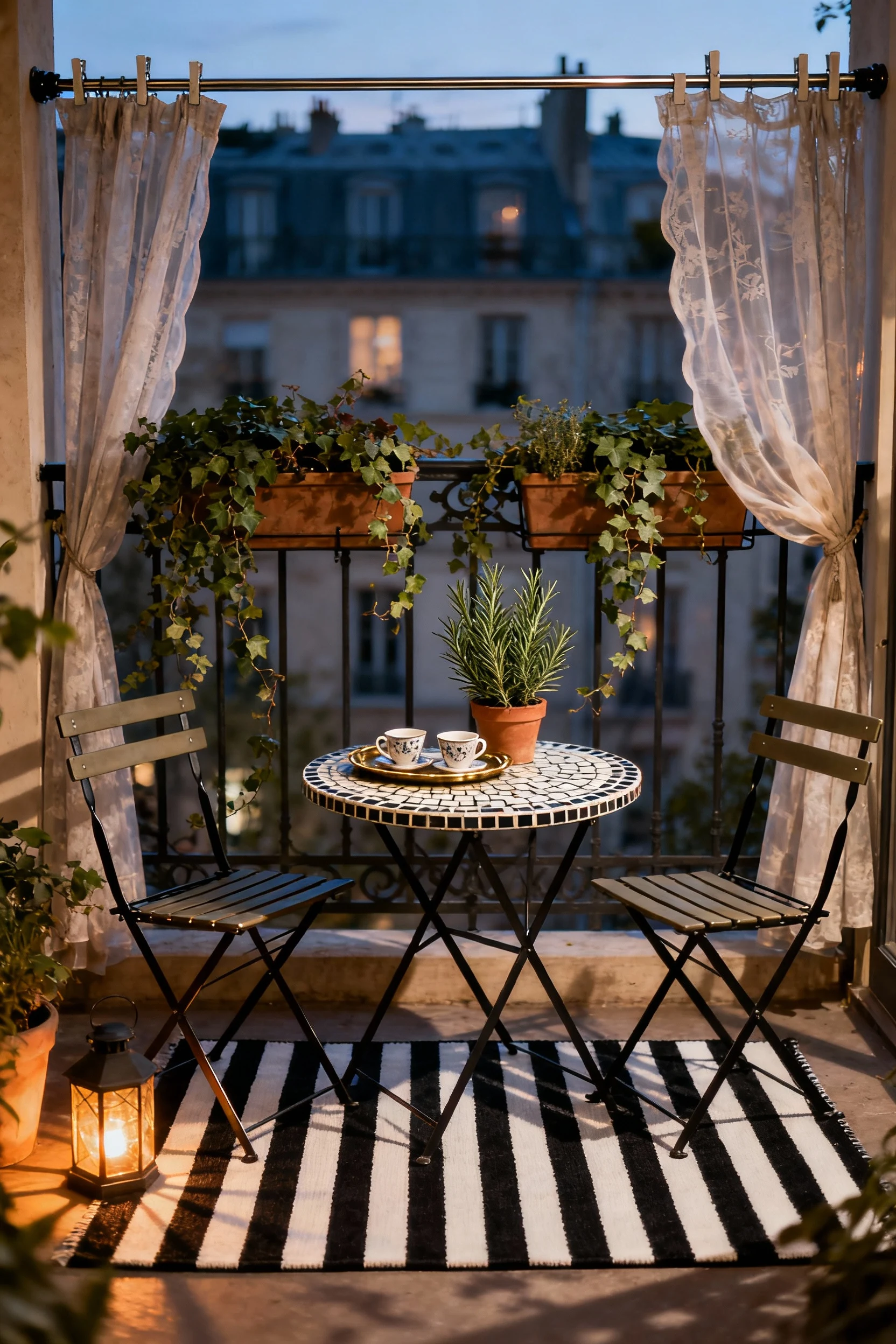 Photorealistic medium straight-on balcony scene styled as a Parisian bistro: two folding bistro chairs and a petite roun