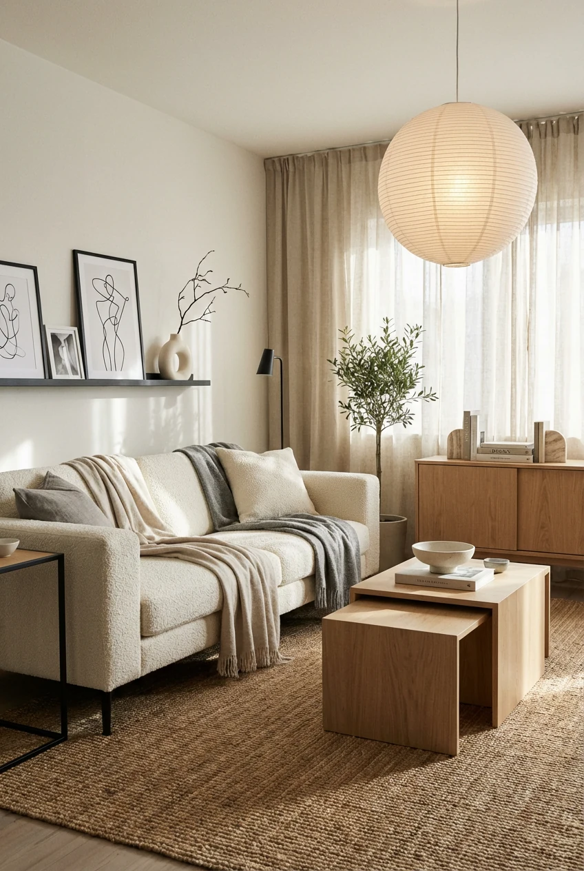 1. Wide corner-angle shot of a sunlit Scandinavian living room with crisp white walls and layered oat, sand, and soft gr