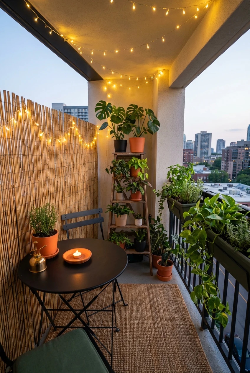 1. A photorealistic wide corner-angle shot of a tiny urban jungle balcony at dusk: ladder plant shelf with monstera and 