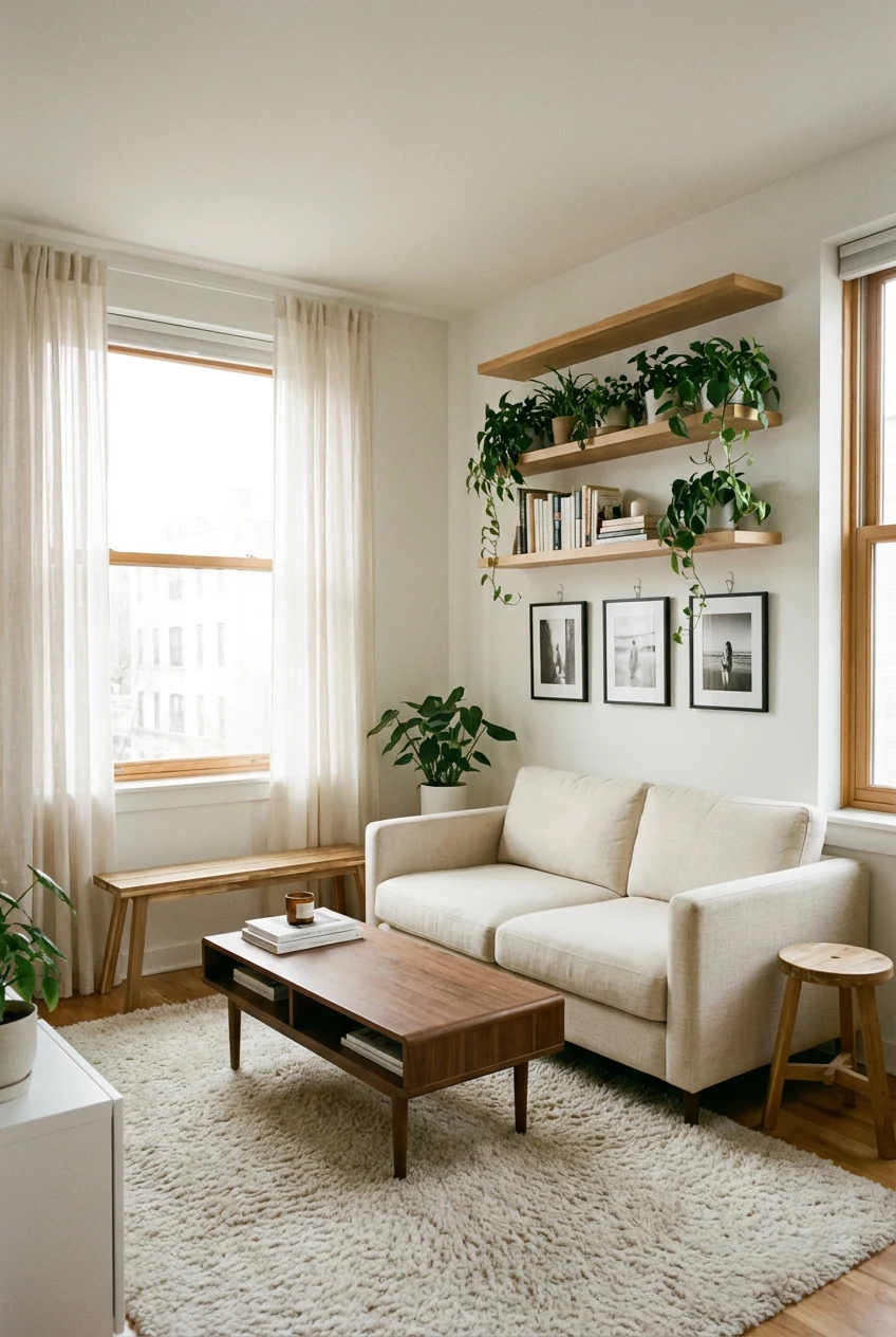 Wide-angle shot of a bright Scandinavian minimalist small apartment living room, soft white walls, sheer curtains lettin