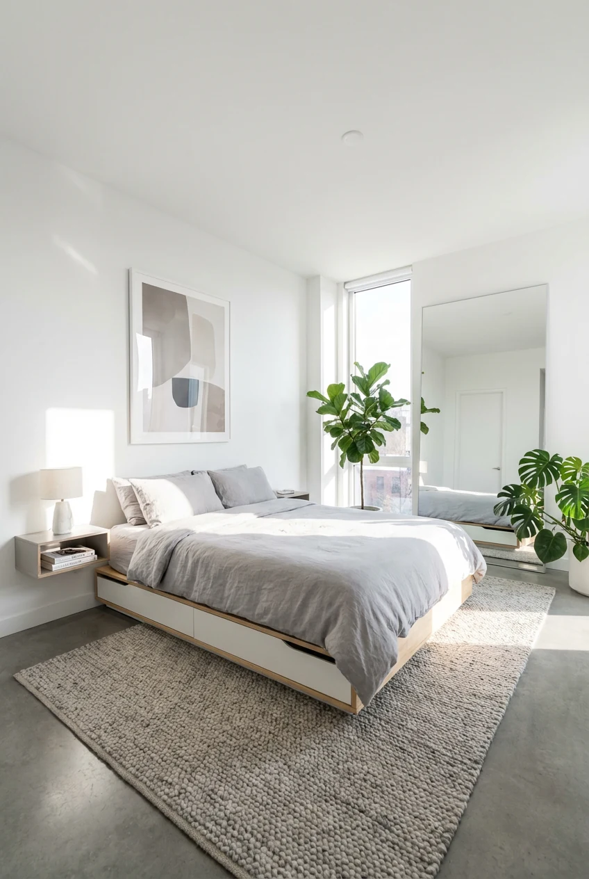 Wide-angle shot of a modern minimalist bedroom with crisp white walls, soft grey bedding on a low-profile platform bed c