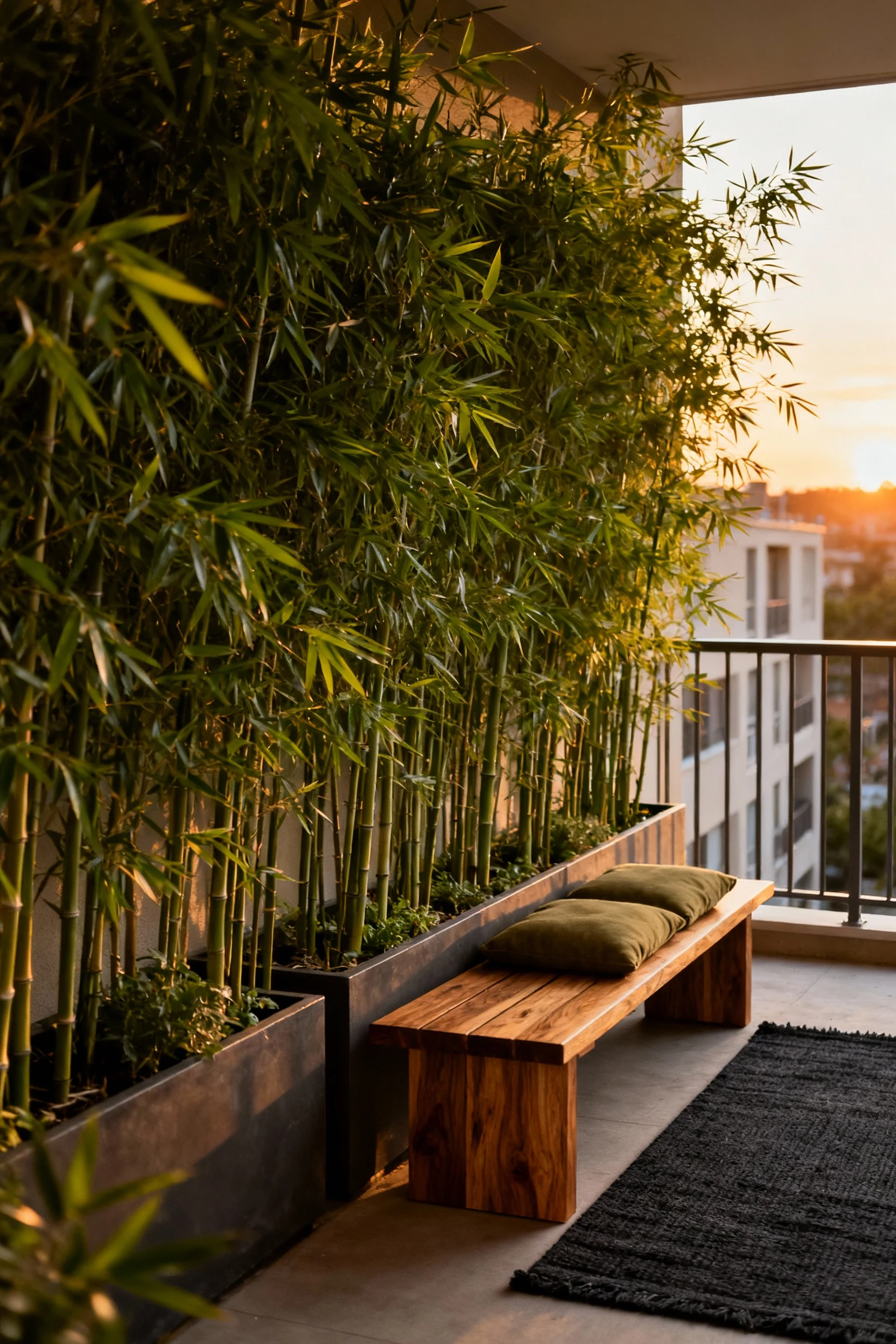 Photorealistic medium corner-angle shot of an apartment balcony nook lined with a dense row of clumping bamboo in long t