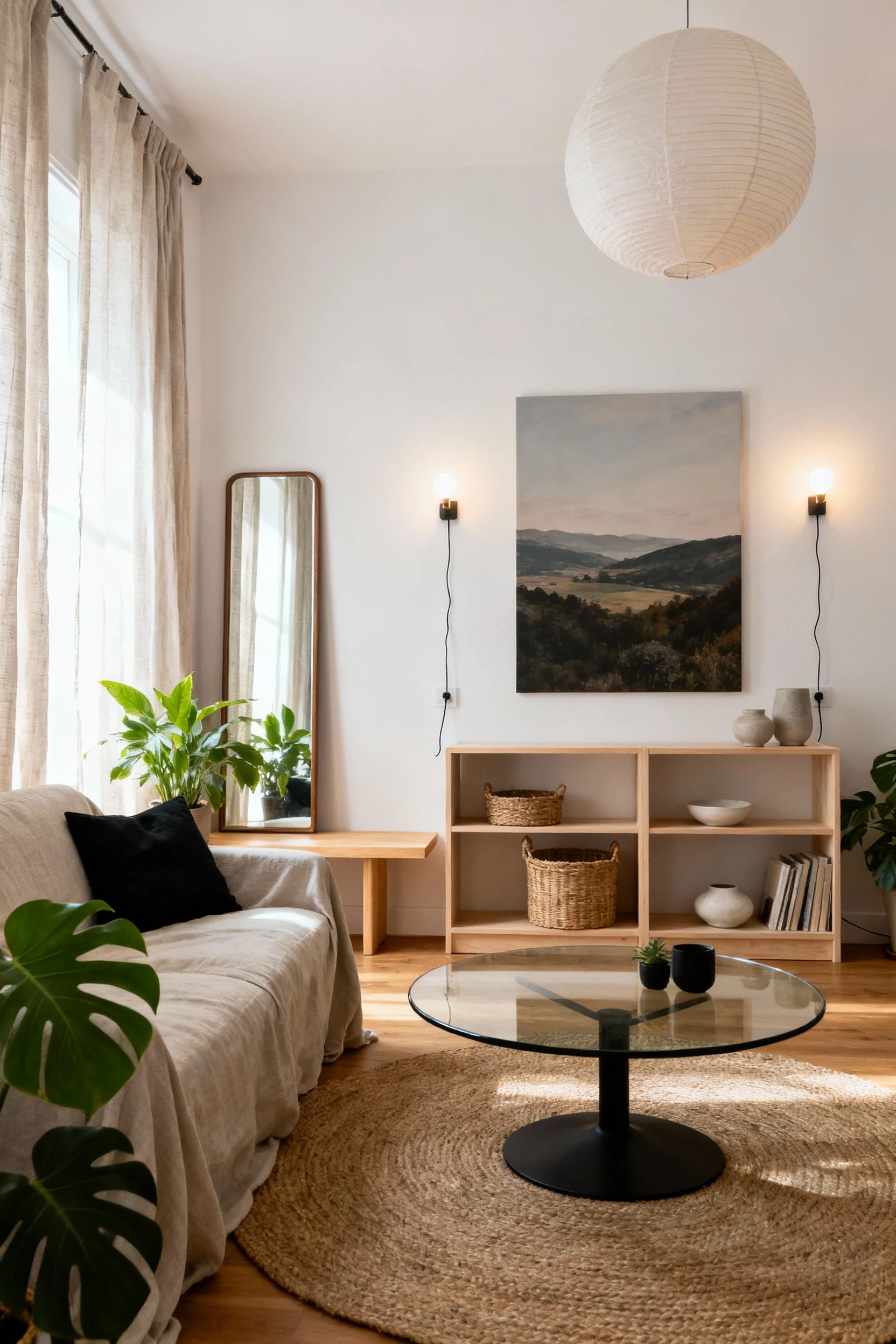 1. Photorealistic wide straight-on room shot of a Nordic Light + Warm Wood studio: soft matte white walls, linen slipcov