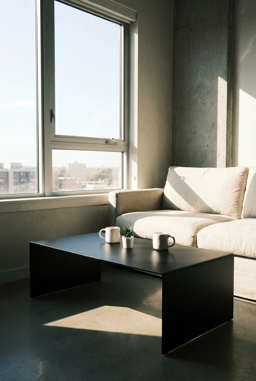 Wide corner shot of a minimalist black coffee table with a low, sleek profile, positioned in a bright apartment nook, st