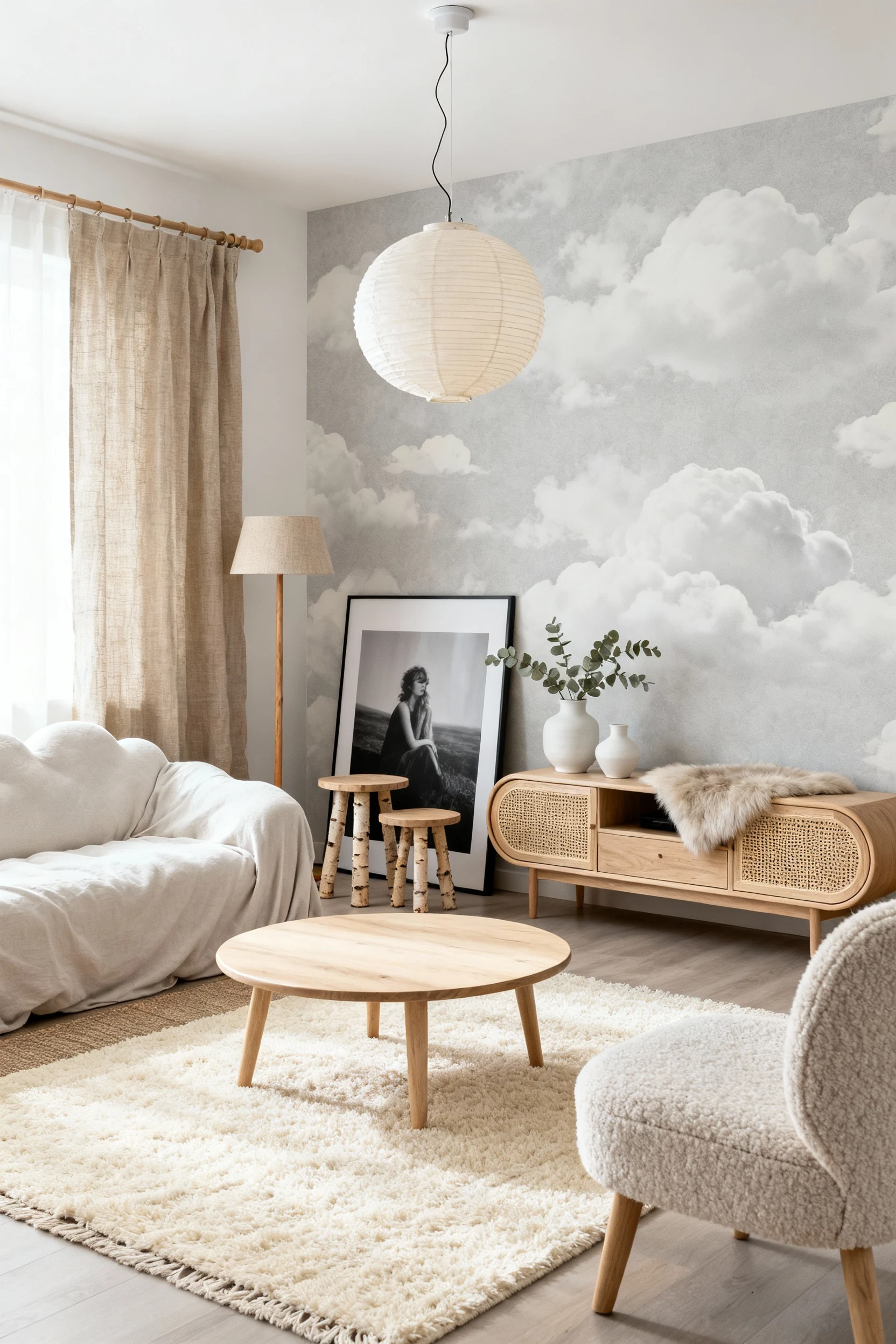 1. Wide, straight-on photorealistic living room in Soft Nordic Cloud style: warm whites, foggy greige, and pale oak; a s