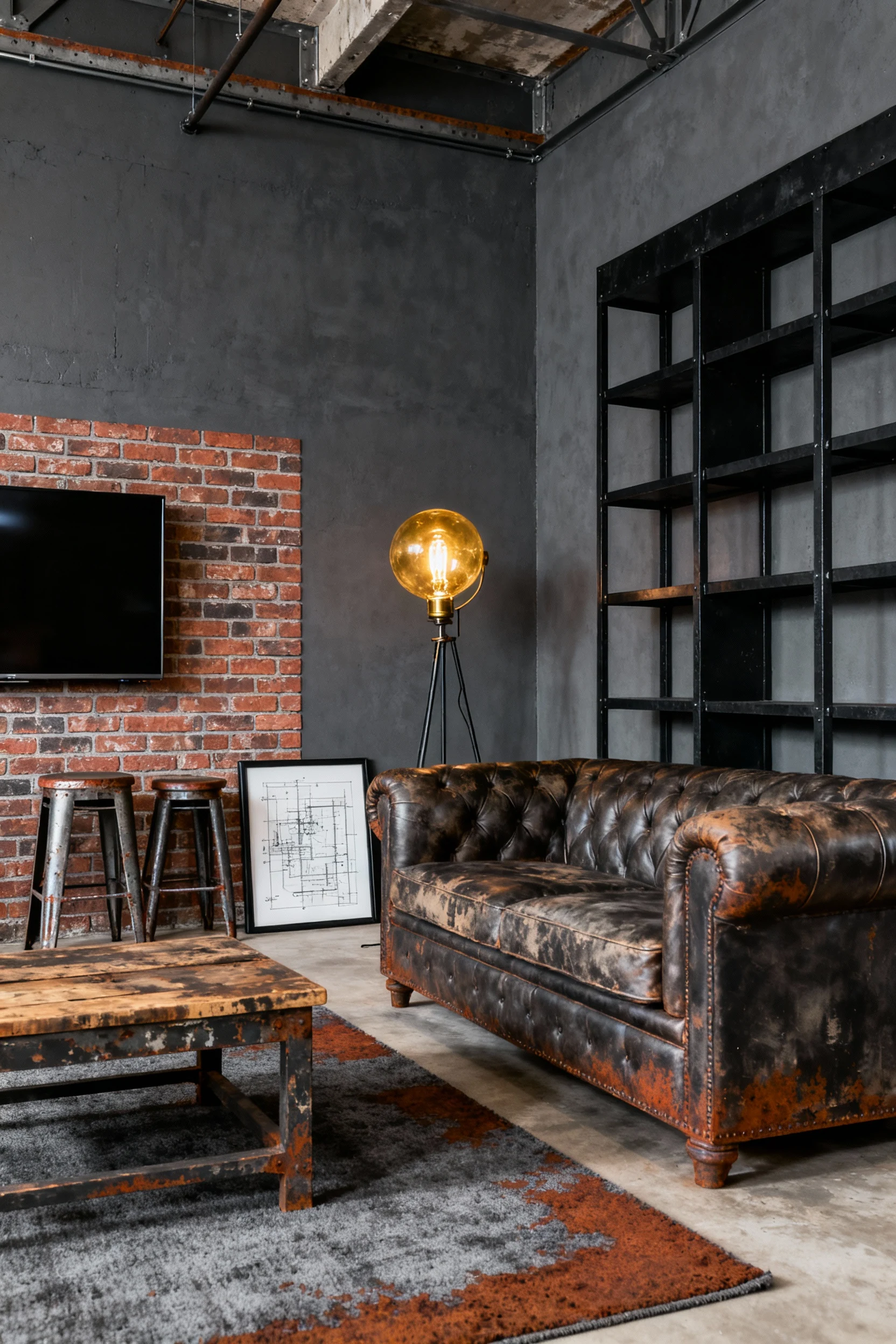 1. Photorealistic wide room shot, corner angle: a charcoal gray accent wall with black metal shelving, a worn faux-leath