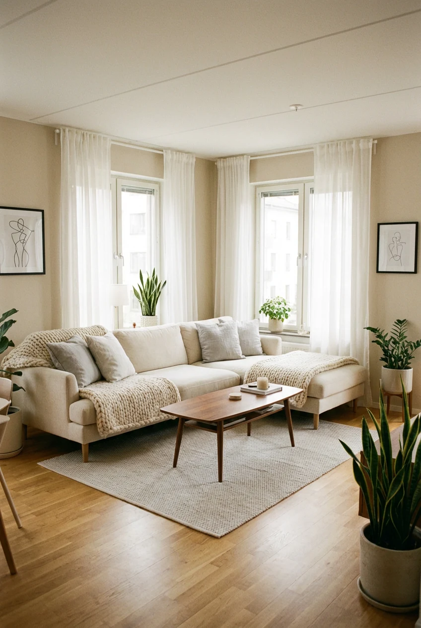 Wide-angle photorealistic shot of a Scandinavian-inspired living room bathed in natural sunlight from sheer white curtai