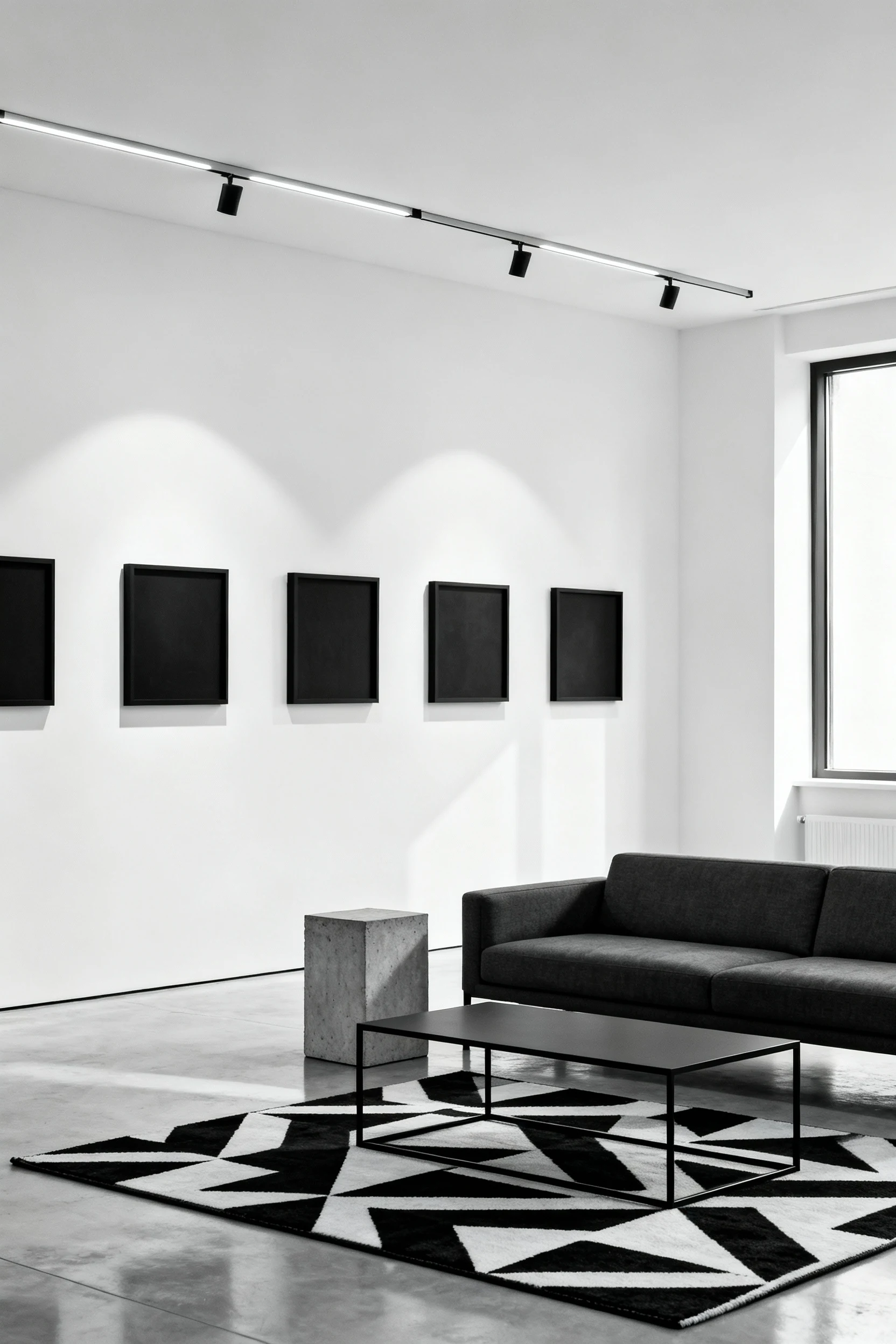 Photorealistic wide, straight-on view of a sleek monochrome minimalist studio living area: crisp white walls, a low-prof