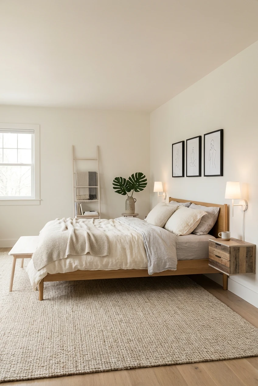 Photorealistic wide, straight-on shot of a small Scandinavian bedroom: white walls, slim pale-wood bed frame, ivory/ligh