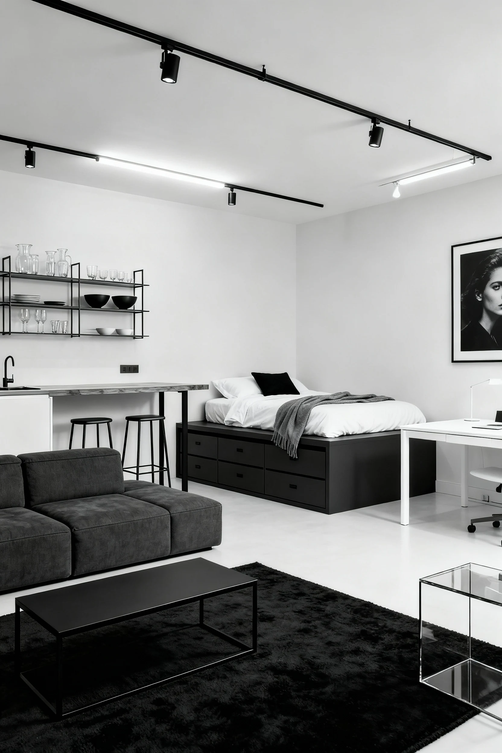 Wide corner shot of a monochrome studio: charcoal modular sofa facing a thin black metal media console; behind it a rais
