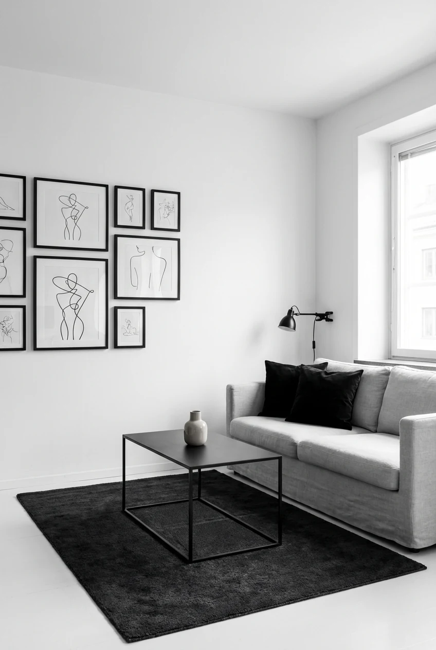 1. Wide, straight-on shot of a monochrome minimalist studio: crisp white wall with a set of black line art prints, a sli