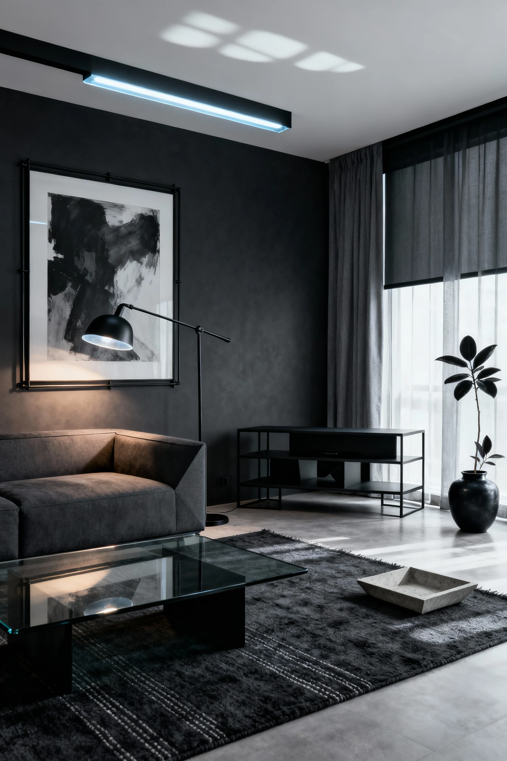 Photorealistic wide, straight-on room shot of a monochrome graphite lounge in charcoal, slate, and matte black: low-prof